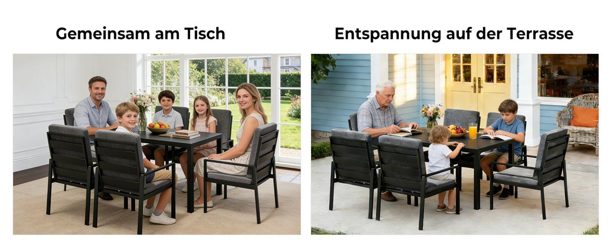 MeXo Gartenlounge-Set Gartenmöbel Set Aluminium 4 Personen, wetterfeste Garten-Essgruppe mit dicke Kissen & Esstisch 140x80x70cm, Outdoor Indoor Möbel