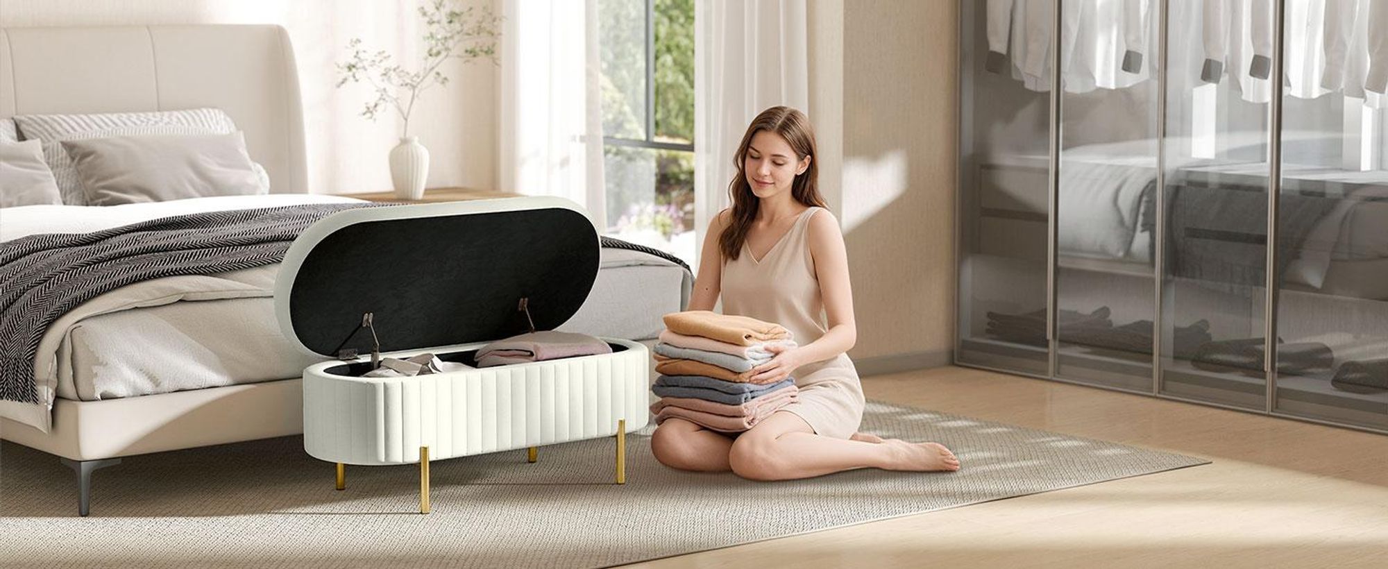 HOMCOM Sitzbank mit Stauraum Polsterbank mit Samtoptik, Metallbeine, Cremeweiß