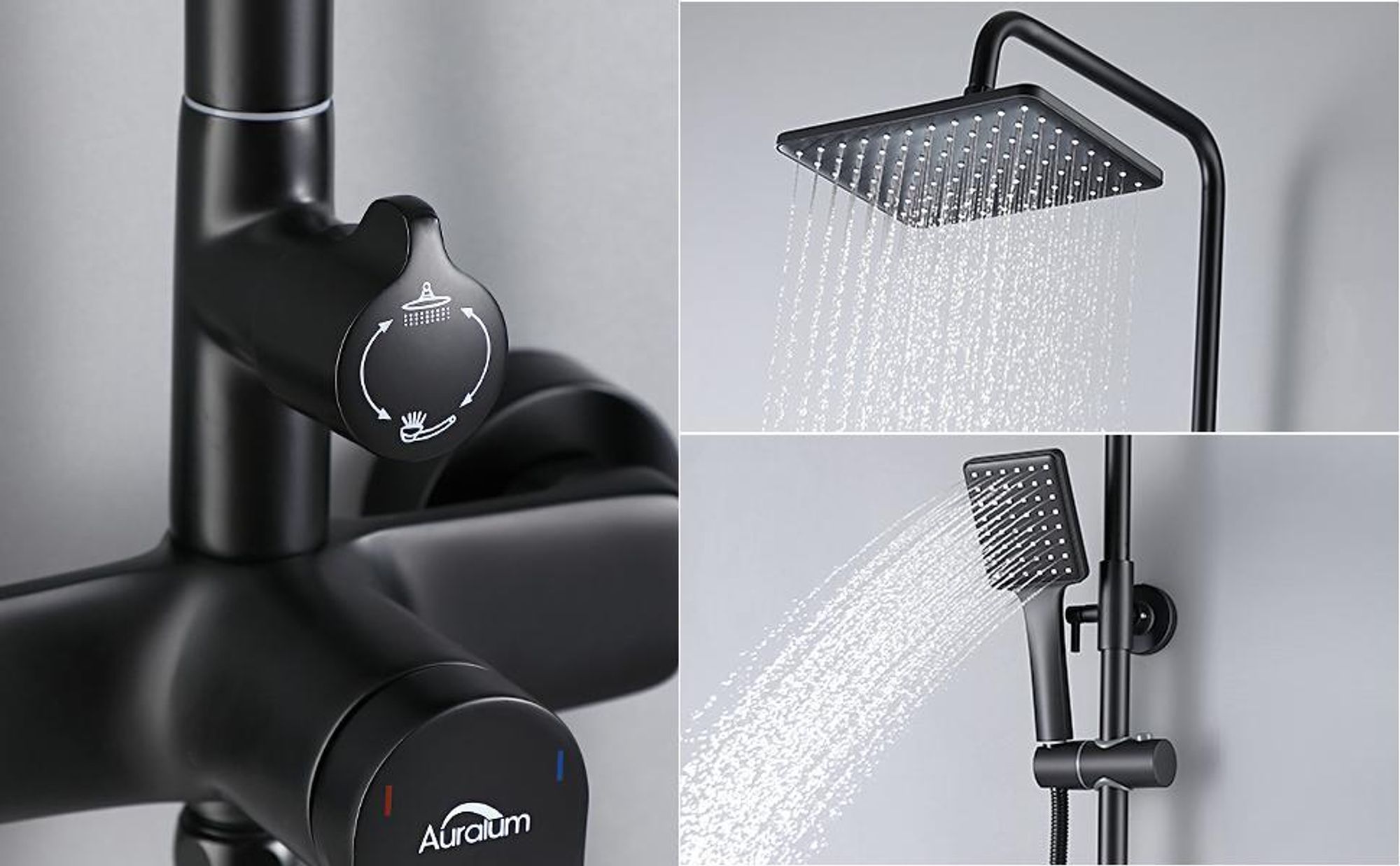 Auralum Regendusche Schwarz, Messing Duschsystem mit verlängerbarer Stange (780-1240mm), 10 Zoll Regenbrause & 1,5m PVC-Schlauch