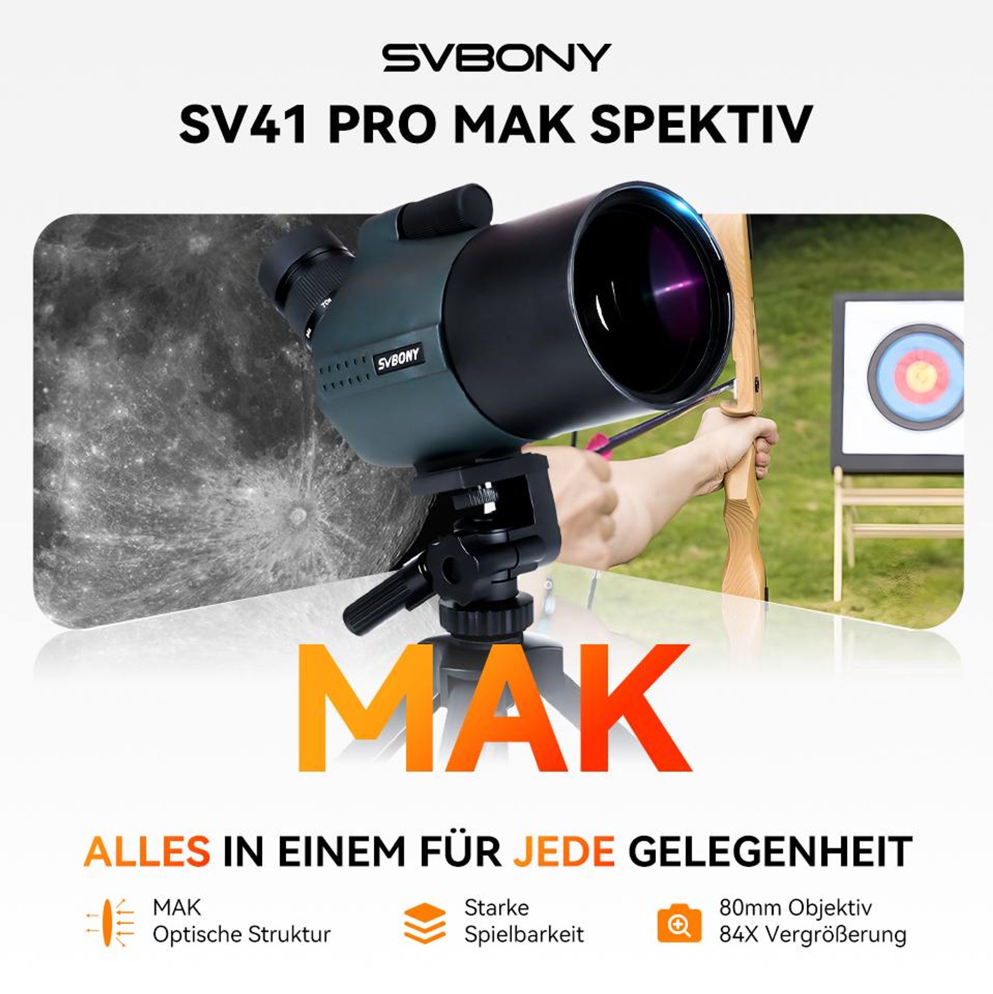 Svbony SV41Pro Mak Spektiv, 28-84X80 FMC Dual Speed Fokus, Kompatibel mit WLAN Kamera, Wasserdichtes Fernrohr Monokular Sportschützen Vogelbeobachtung