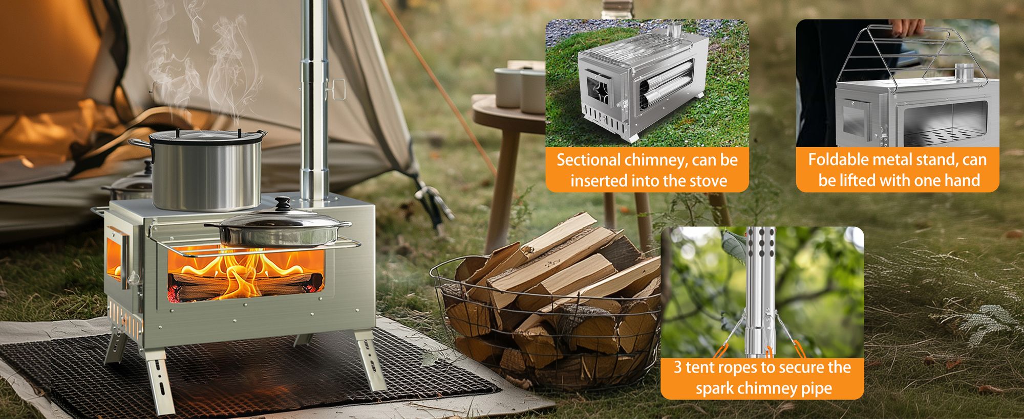 unho Edelstahl Outdoor-Holzofen, Camping-Holzofen, tragbarer Zeltofen, Zeltheizofen, faltbar, Kocher Notofen Herd Heizung Outdoor