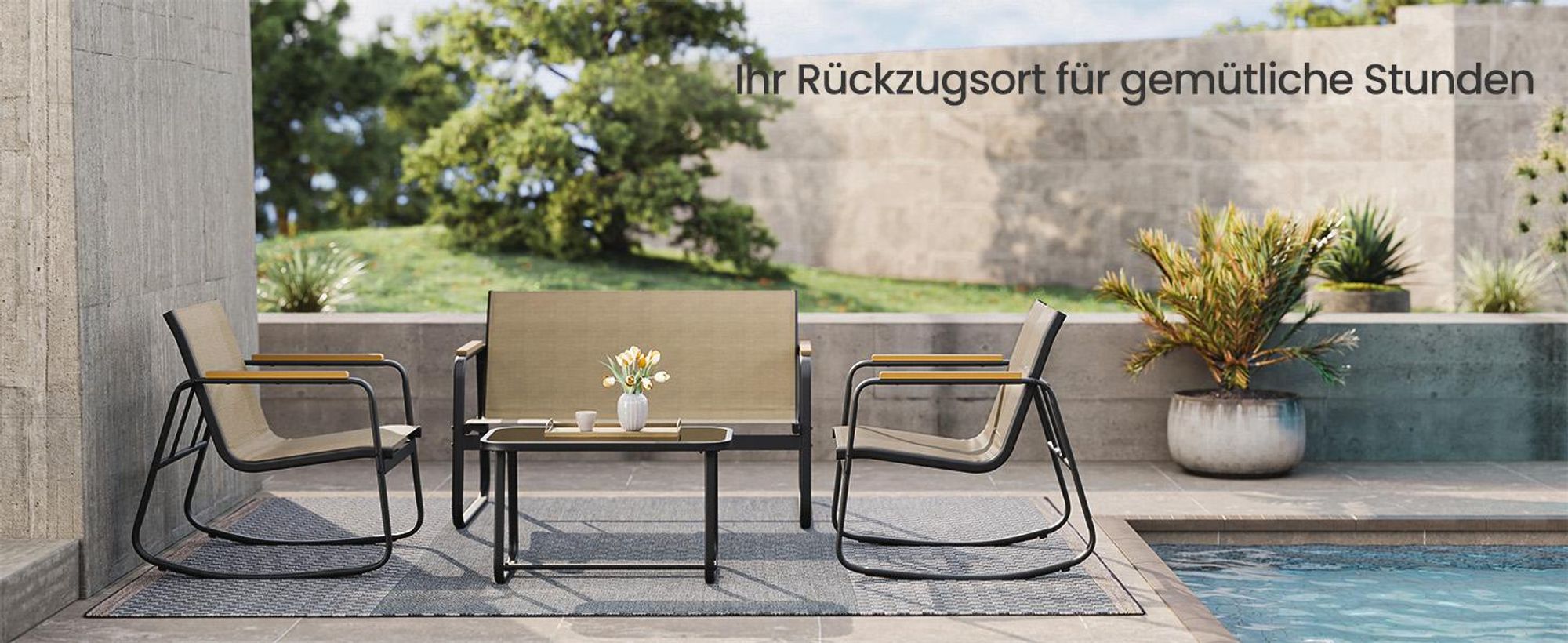 SONGMICS Gartenmöbel-Set, Balkonmöbel, 2 Schaukelstühle mit Tisch, Bank, Stahl, mit Armlehnen, atmungsaktiv, braun