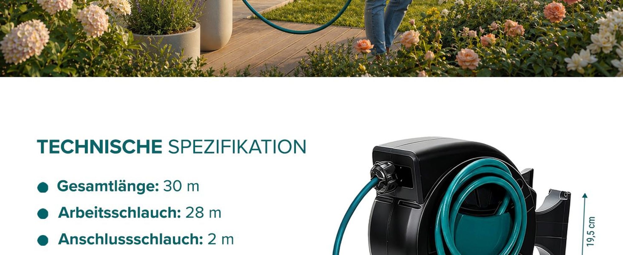 Sillar Automatischer Gartenschlauch 30 m auf Trommel mit Aufroller Wandhalterung