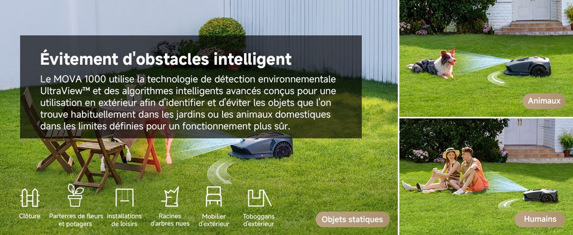 MOVA 1000 Robot Tondeuse 3D-LiDAR jusqu'à 1000 m², installation sans fil, évitement intelligent, App contrôle, roues tout-terrain, coupe en U