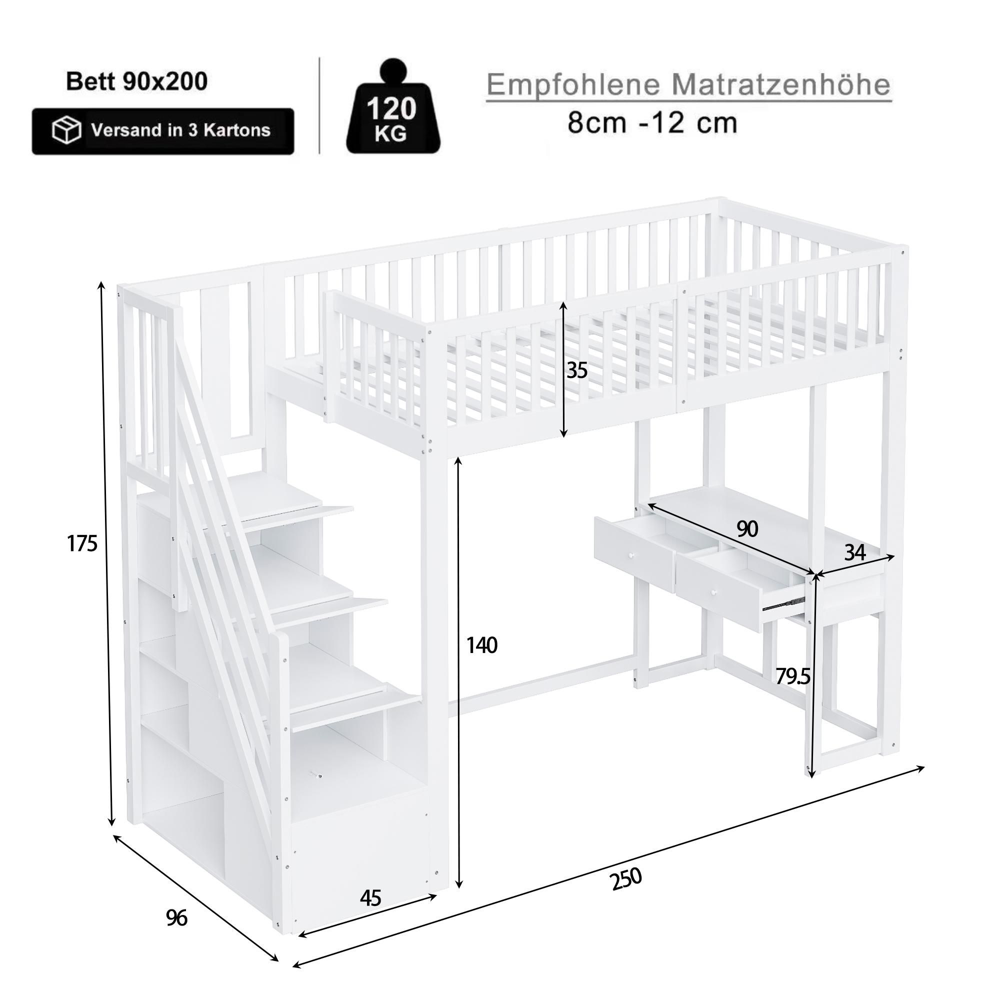 Flieks Etagenbett 90x200cm mit Rausfallschutz, Hochbett mit Schreibtisch, Kinderbett Einzelbett Holzbett mit Schubladen, Stockbett mit Treppe, Weiß