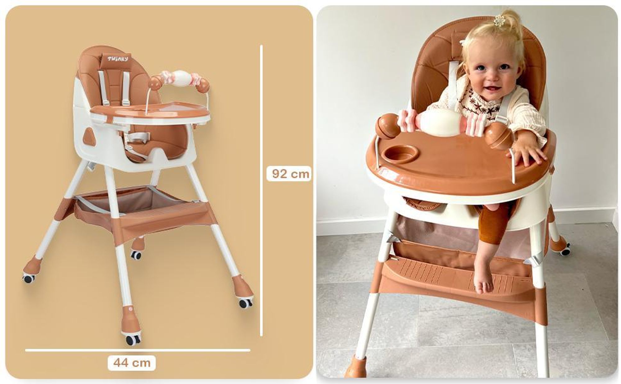 Twinky® Hochstuhl Baby MAXI - Braun - 2-in-1 Kinderhochstuhl - Klappbarer Esszimmerstuhl, Kinderwagen - Mitwachsstuhl und Babystuhl für Neugeborene