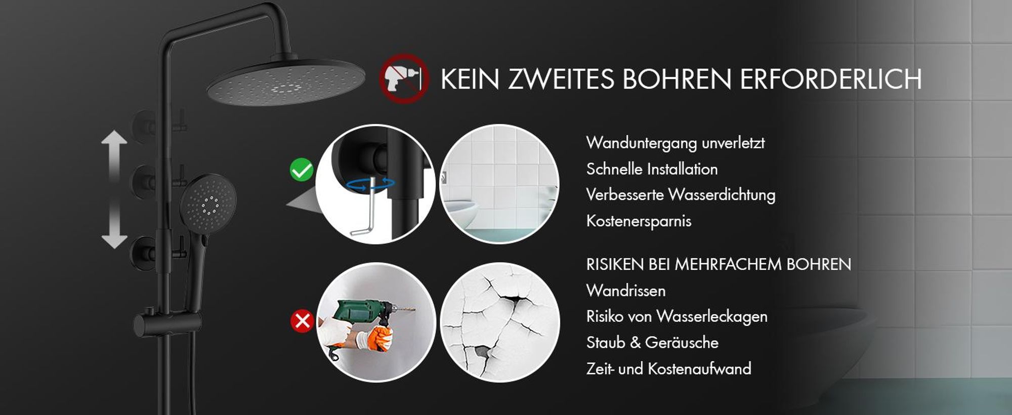 Duschsystem mit 38 °C Thermostat Edelstahl & Regal, Edelstahl Duscharmatur Set mit Handbrause & Kopfbrause, 3 Strahlarten, Höhenverstellbar, Schwarz