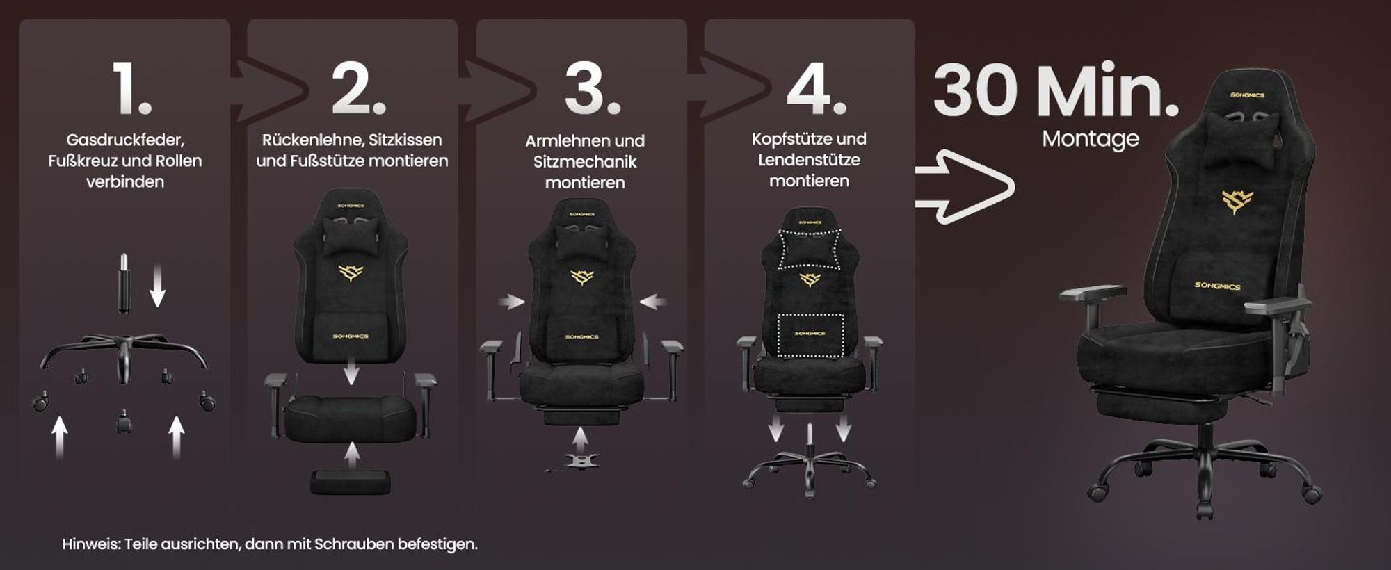 SONGMICS Gaming Stuhl aus WildKunstleder mit Fußstütze und 4D-Armlehnen, bis 200 kg, 72 x 72 x (125-135) cm, Schwarz