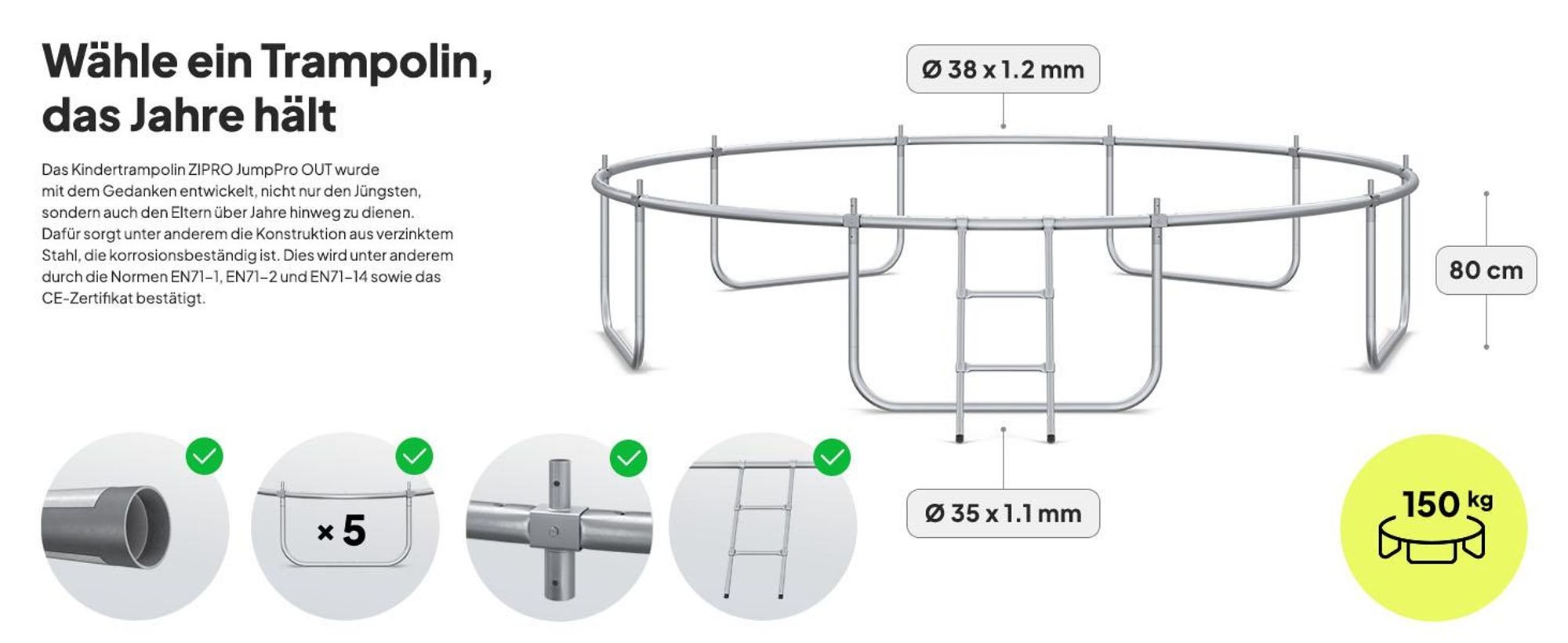 ZIPRO Trampolin Jump Pro Out | 12FT Ø 374 cm | Gartentrampolin Kindertrampolin Komplett-Set inkl. Außennetz, Leiter & Randabdeckung, Outdoor, Grün
