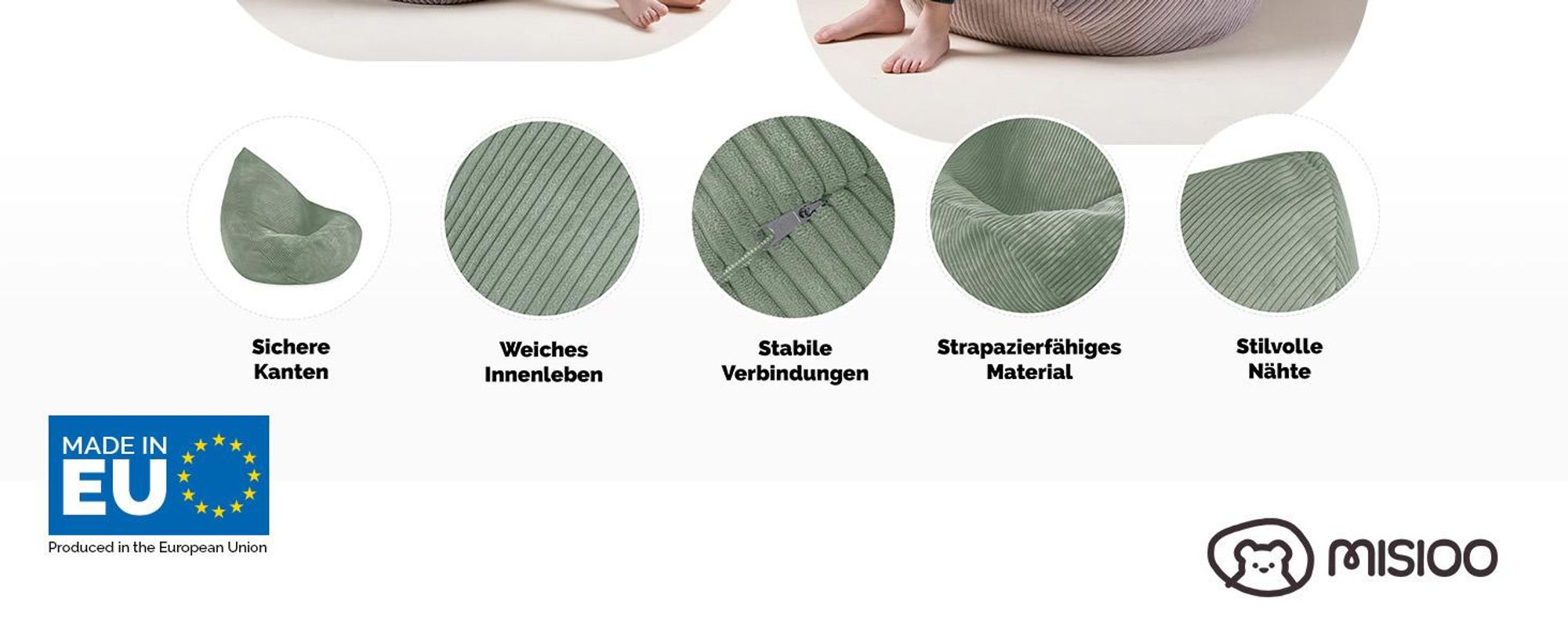 MISIOO Kinder Sitzsack Premium - Ergonomischer - Ab 12 Monaten - Bequeme Sitzsäcke fürs Kinderzimmer - Sitzsack mit Leichter Styroporfüllung