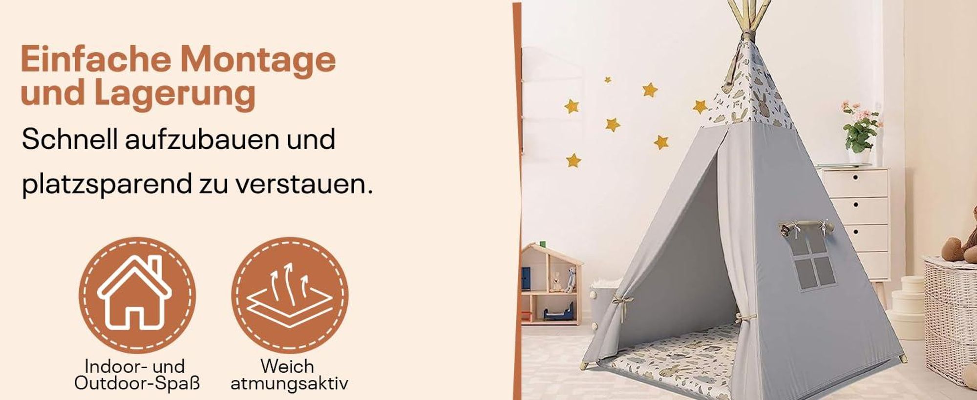Tipi Zelt für Kinder|Spielzelt Kinder Indoor|Spielzelt mit Weiche Kissen | Langlebig zelt|Kinderfreundlich Tippizelt Indoor (Grau Tierchen)