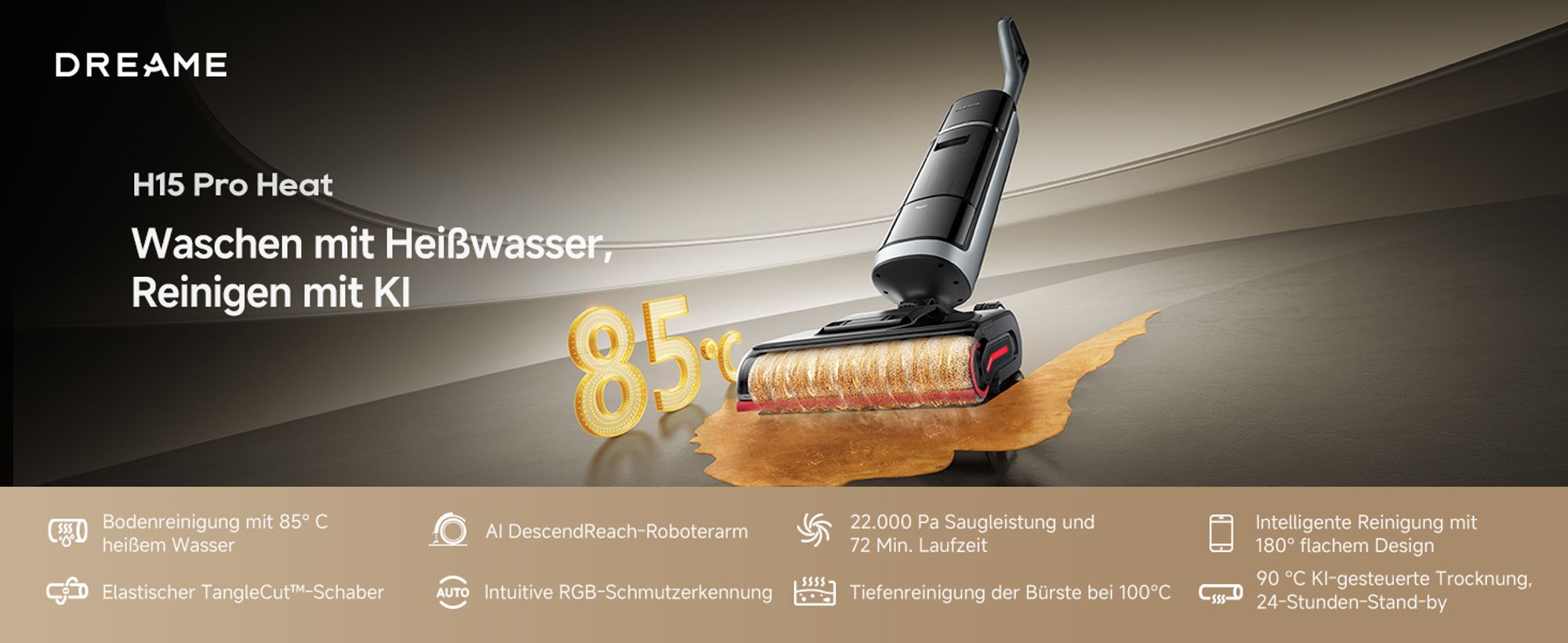 DREAME H15 Pro Heat Kabelloser Staubsauger, Nass/Trocken 2in1, 22000 Pa Saugleistung, 85℃ Heißwasser automatische Reinigung,Tangle-Free-Technologie