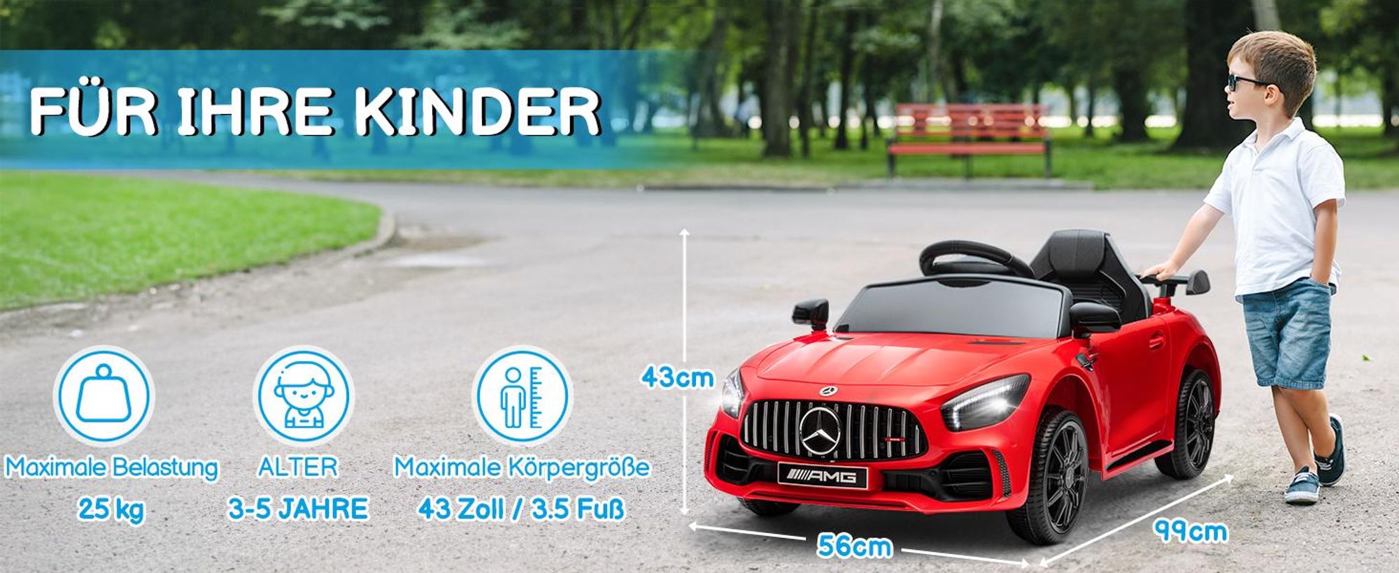 Elektroauto Kinderauto Mercedes Gtr, mit 2,4G Fernbedienung, LED Scheinwerfer, MP3, Hupe und Musik, Rot