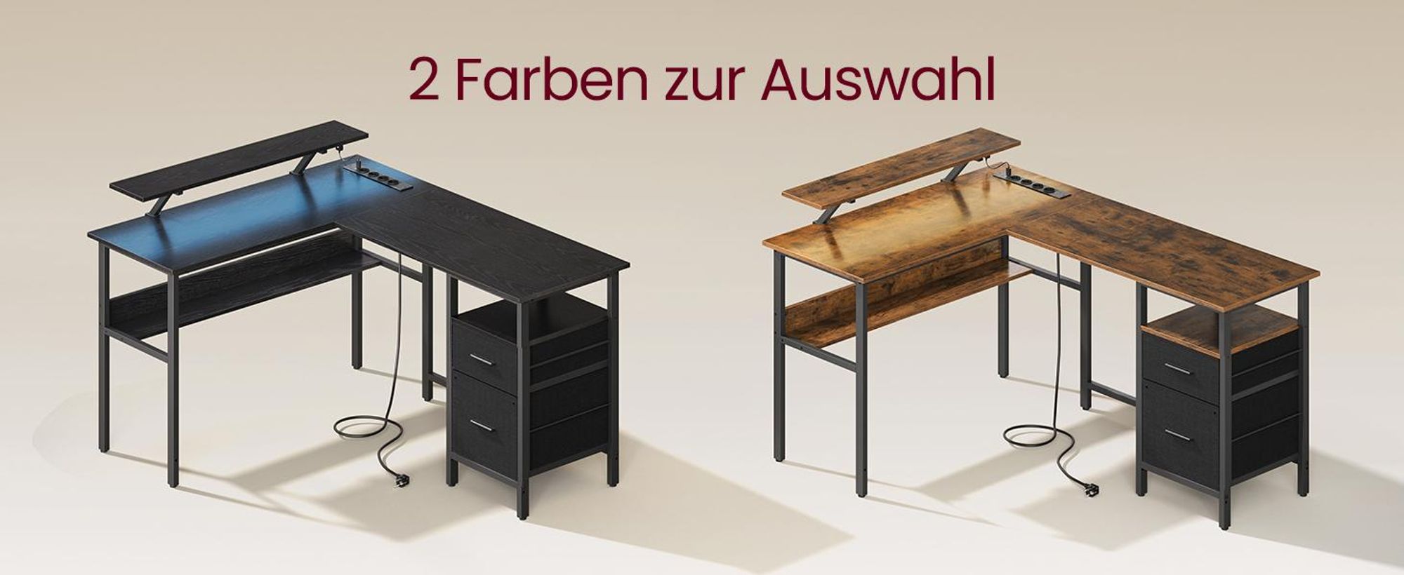VASAGLE Schreibtisch, L-förmiger, mit Steckdosen, LED-Beleuchtung, USB-Anschlüsse