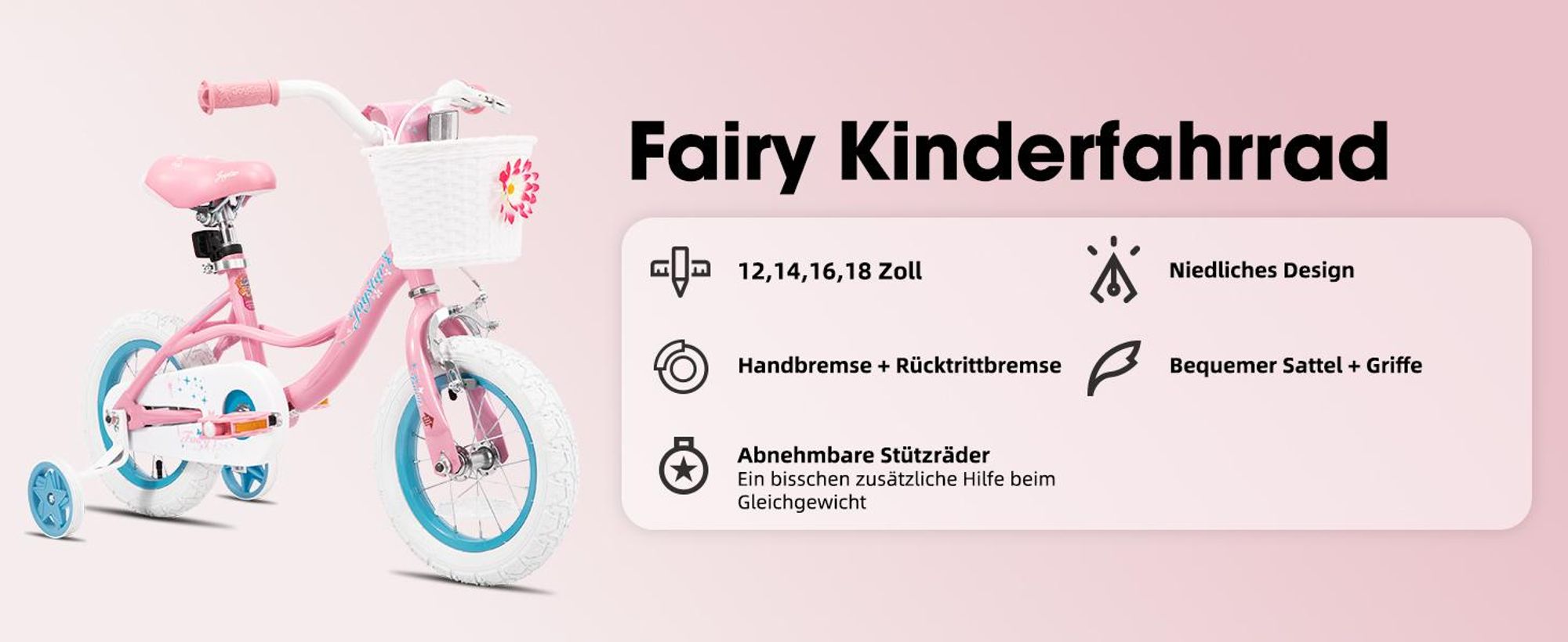 JOYSTAR Kinderfahrrad für Kleinkinder und Kinder im Alter von 2-8 Jahren Mädchen, 14 Zoll Kinderfahrrad mit Stützrädern mit Handbremse und Korb