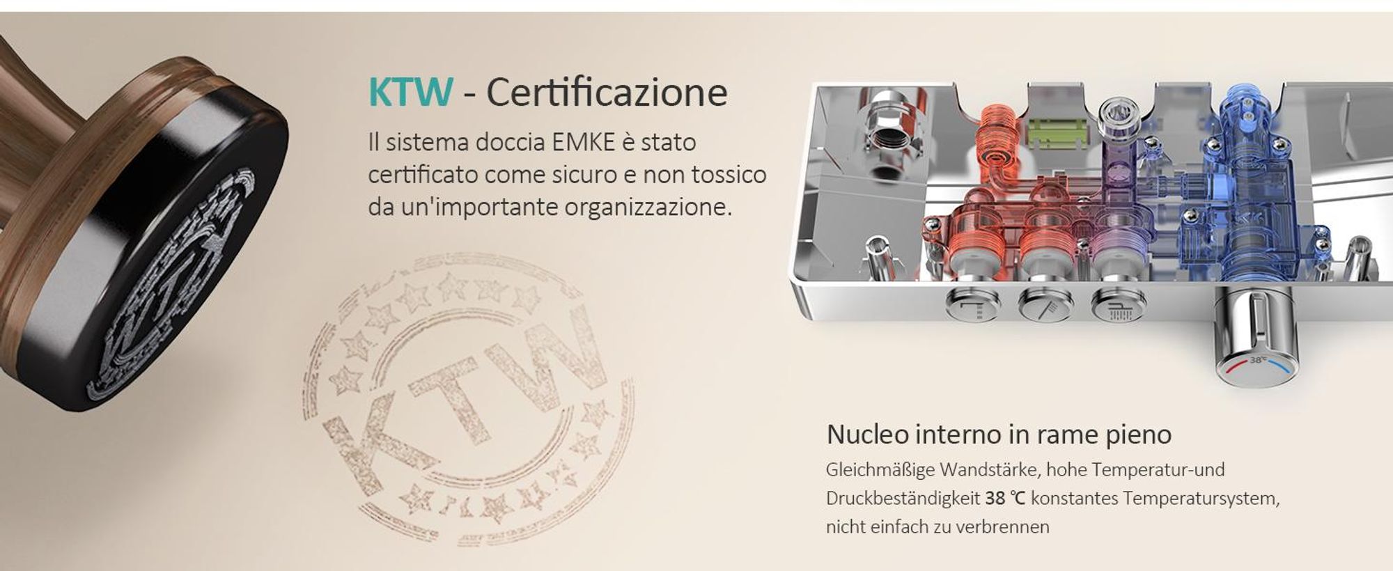 Sistema doccia EMKE con termostatico mensola in vetro doccetta 3 modalità di getto doccia a pioggia, rubinetteria per bagno e doccia, a parete,  KTW, cromo - F09