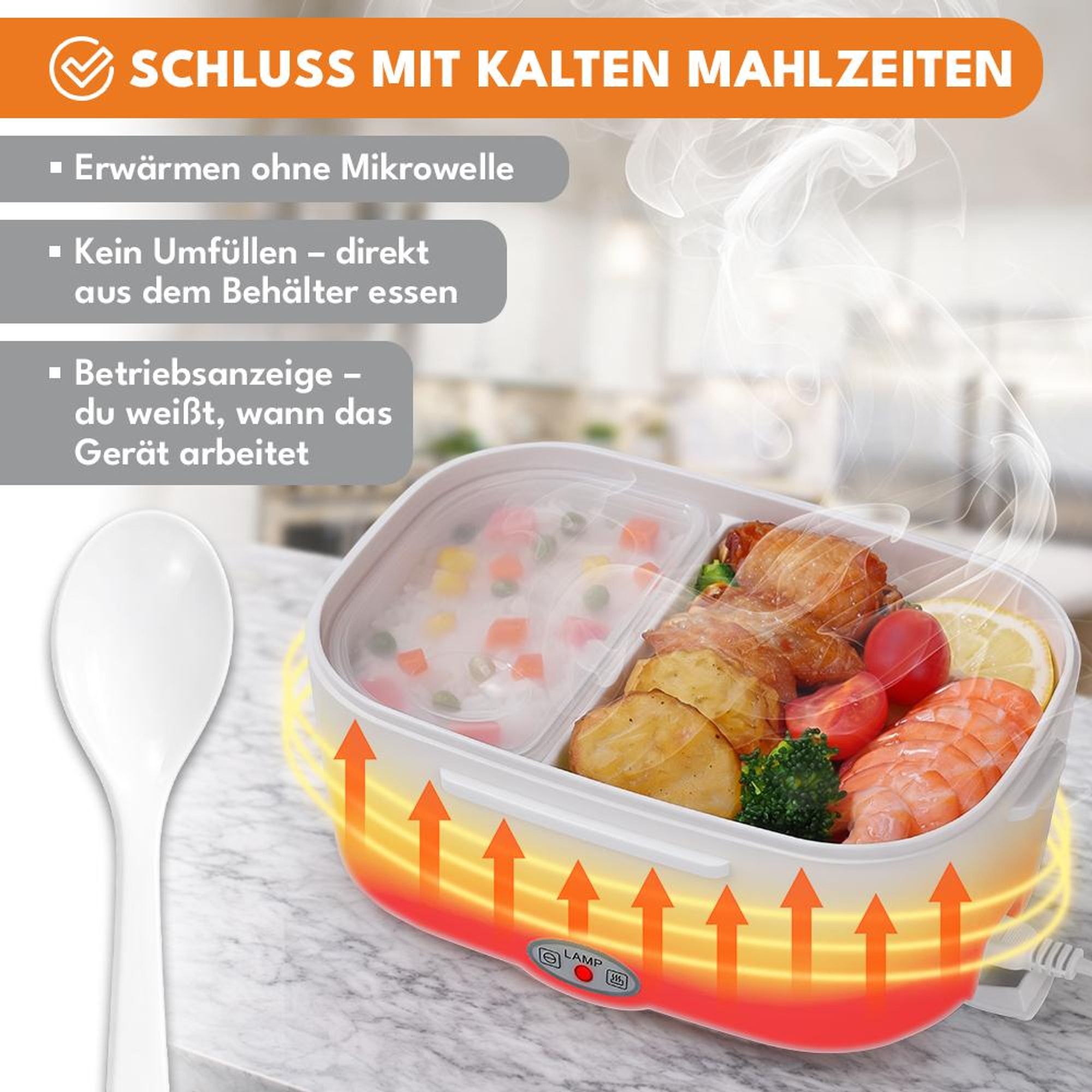 KRUMAD Elektrische Lunchbox 1,05L, 12V/24V/230V Food Warmer mit 2 Fächern, Schnellaufwärmen für Büro, Auto, Arbeit, USB-Aufladung, Kompakt & Praktisch