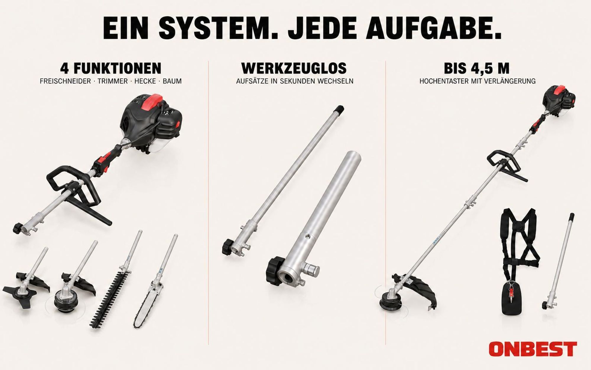 ONBEST MT1452 Multitool Benzin | 4in1 | bis 4,5m | 52cm³ | 1,9 PS | 10000 U/min | Freischneider | Heckenschere | Hochentaster | Rasentrimmer