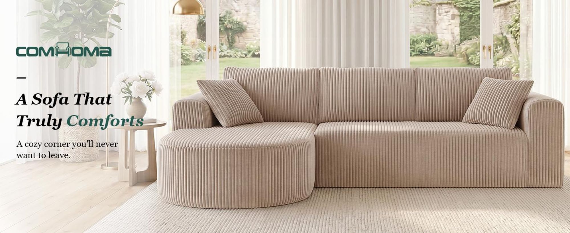 COMHOMA Rohová sedačka s možnosťou rozloženia na lôžko, 263 cm, corduroy, modulárna, bez kostry, s chaise longue, rohová sedačka s možnosťou rozloženia na lôžko, modulárne sedačky s vankúšmi a bočnými vreckami
