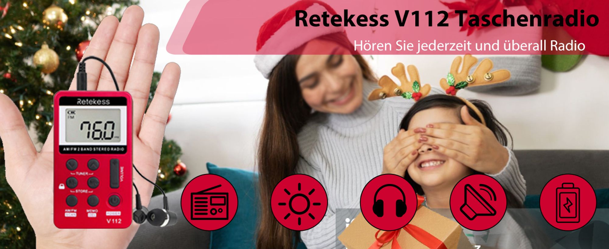 Retekess V112 Mini Radio Klein, AM FM Taschenradio mit Kopfhörer, 500mAh Akku, Sleeptimer, zum Laufen, Outdoor für Senioren (Rot)