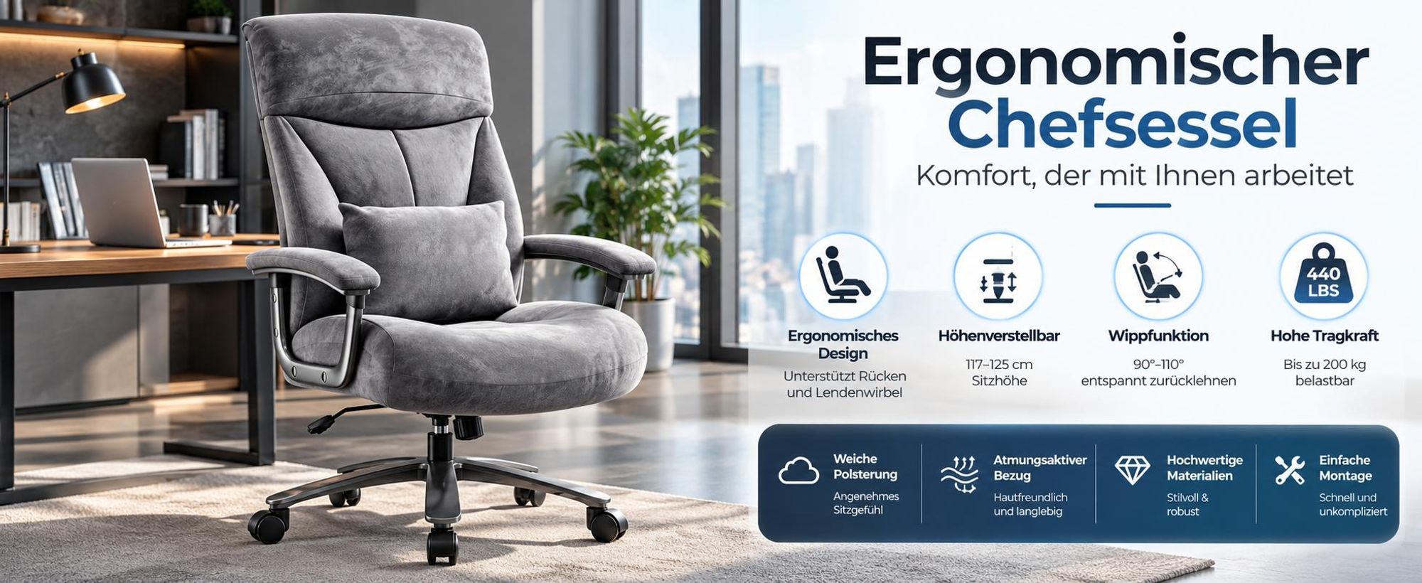 Ergonomischer Chefsessel, höhenverstellbar 117–125 cm, 90–120° Wippfunktion, bis 200 kg
