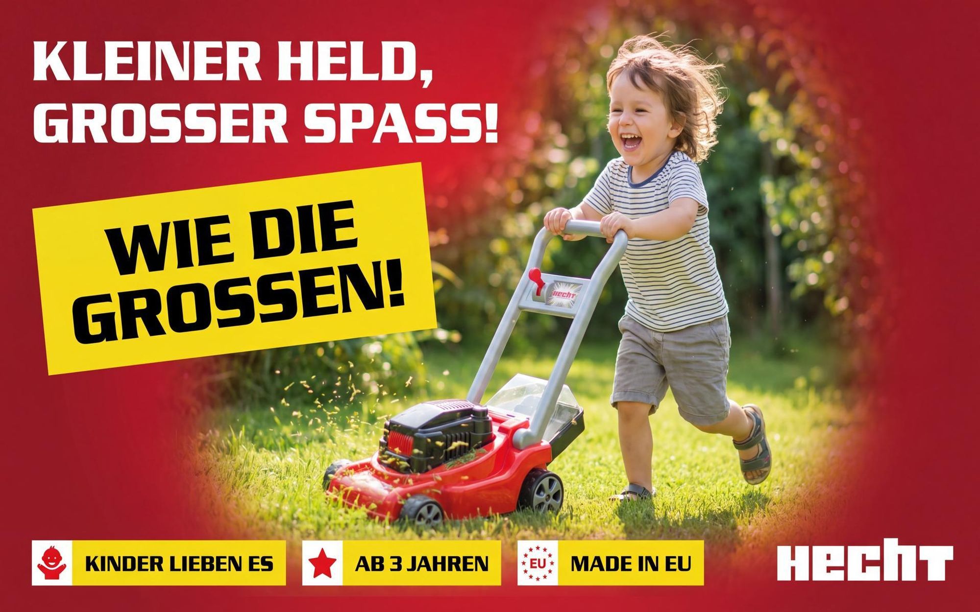 Kinder Rasenmäher Spielzeug HECHT 50437 | Wirbelnde Perlen-Fangkorb | Ohne Batterien | 52 cm Griffhöhe  EU