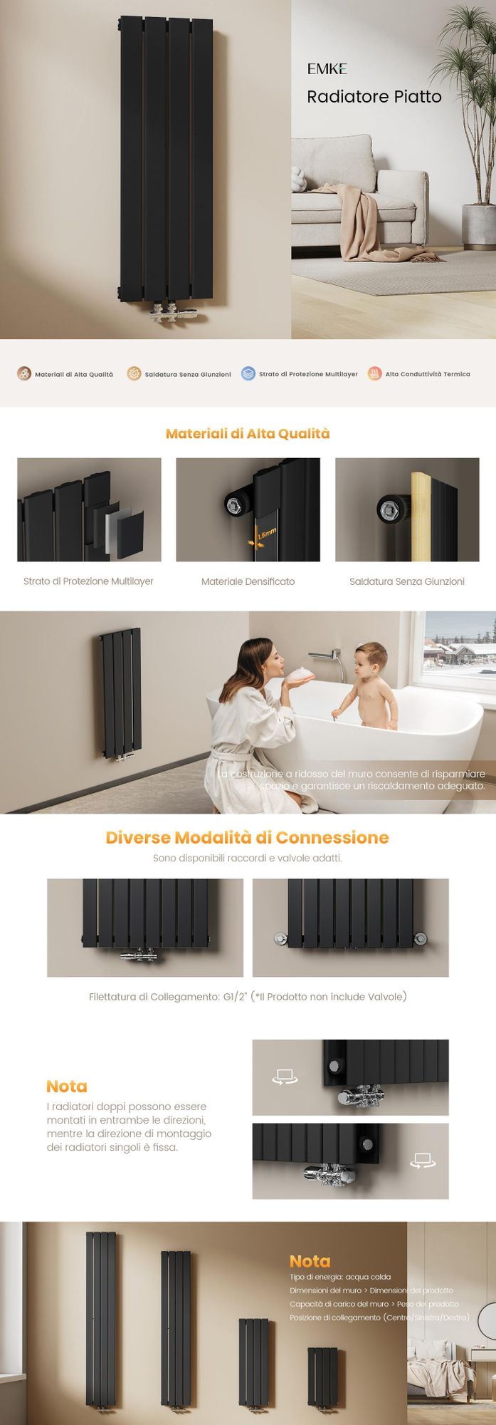 Radiatore EMKE piatto dal design compatto Radiatore a pannello verticale a strato singolo Attacco centrale 60x30 cm 210 W Nero Salvaspazio senza resistenza elettrica