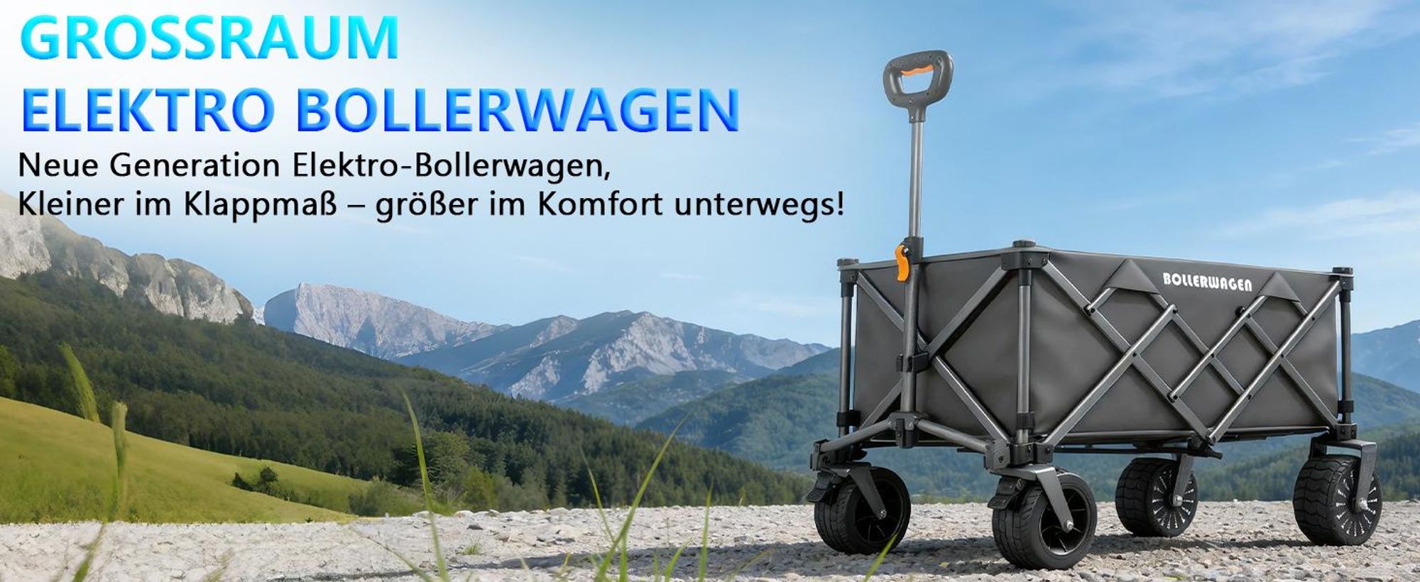 Elektrokarre Bollerwagen Akku 280L 120KG mit 50W bürstenlosem Motor Belastbar Gartenwagen mit 4.0AH Akku, 3 Gang, Faltbar Camping Strand Garten, Grau