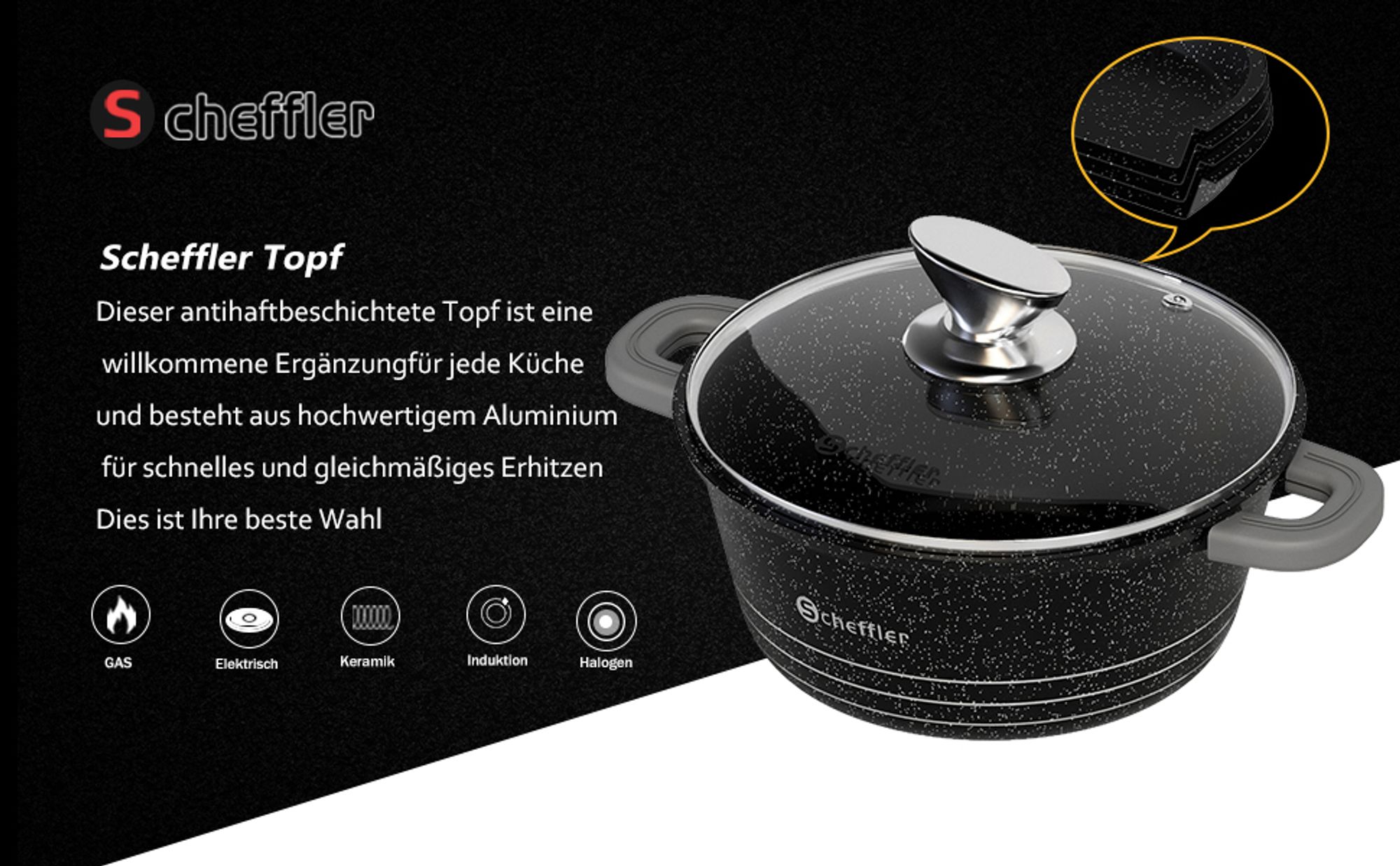 Scheffler 8-teilig Topfset Induktionstöpfe Kochtopfset Mit Glasdeckel-Antihaftbeschichtung-20/24/28/32cm Aluminium Topfset