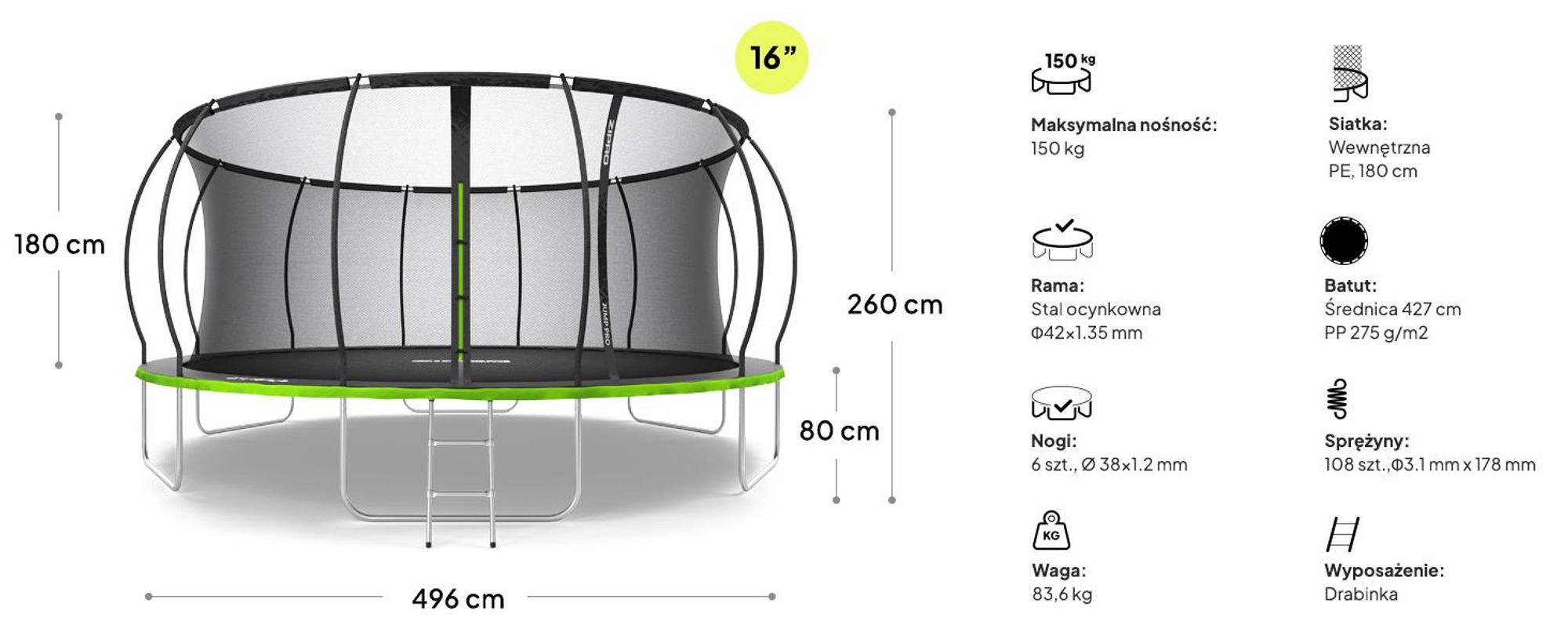 Trampolina ZIPRO Jump Pro Premium | 16FT Ø 496 cm | Trampolina ogrodowa Trampolina dla dzieci Kompletny zestaw z siatką, drabinką i osłoną krawędzi, do użytku na zewnątrz, zielona