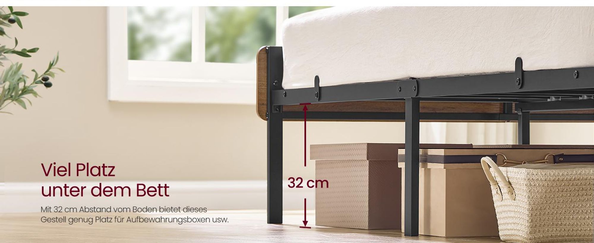 VASAGLE Doppelbettgestell, Bett, 140 x 200 cm, Metallrahmen, LED-Beleuchtung, USB-A- und USB-C-Anschluss, Unterbettaufbewahrung, Industrie-Stil