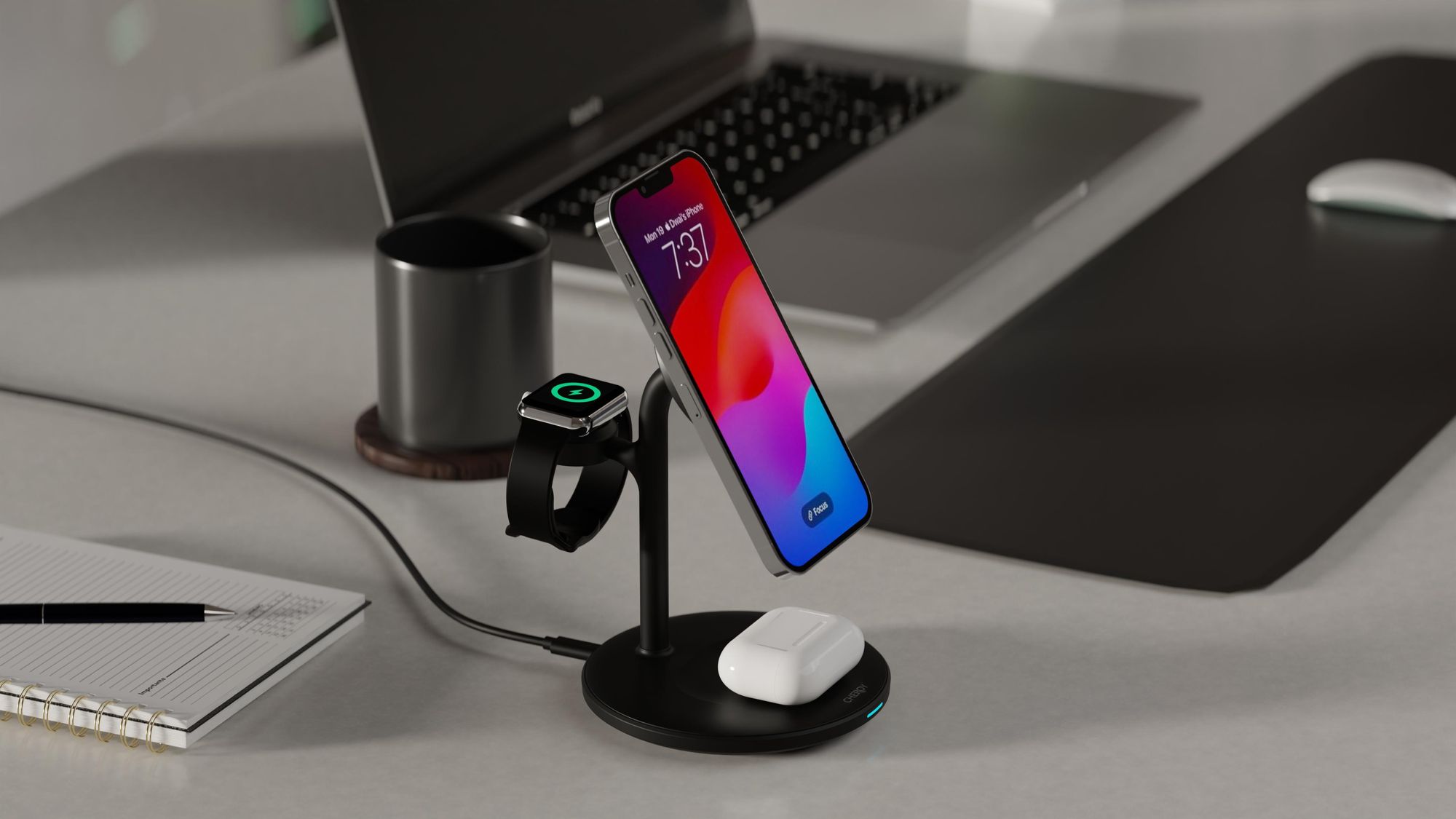 CHEROY PowerTrio - 3 in 1 Kabelloses Ladegerät - 15 W Qi MagSafe Ladestation - Für Apple iPhone, Apple Watch, AirPods - Schwarz