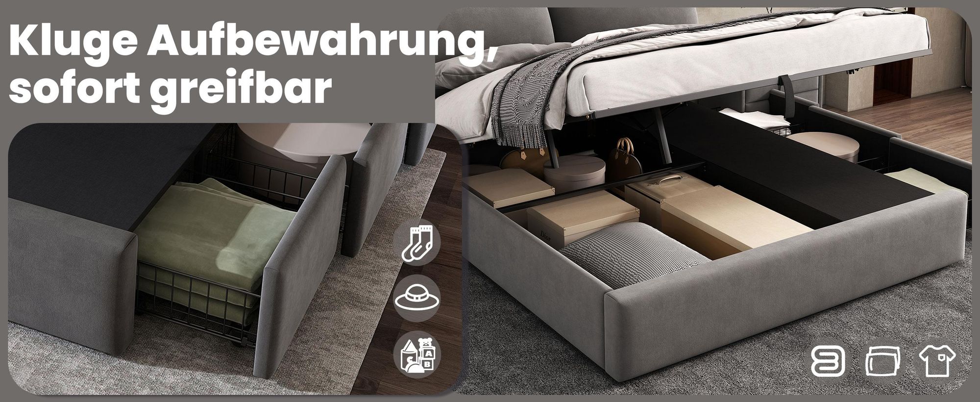 MODFU Boxspringbett Hydraulisches 180 x 200 cm mit Kopfteil, Polsterbett Funktionelles mit 3 Schubladen, Doppelbett Stauraumbett mit Bettkasten Stauraum, Samt Grau(Ohne Matratze)