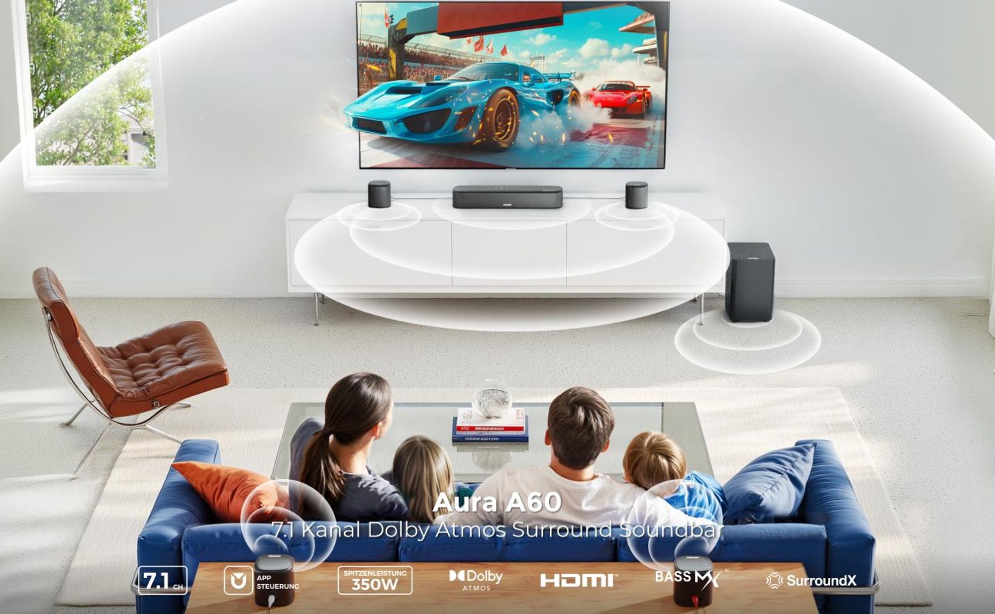 ULTIMEA 7.1ch Dolby Atmos Soundbar mit Subwoofer für TV, Surround Sound System für Heimkino, App Steuerung, 4 Surround Lautsprechern