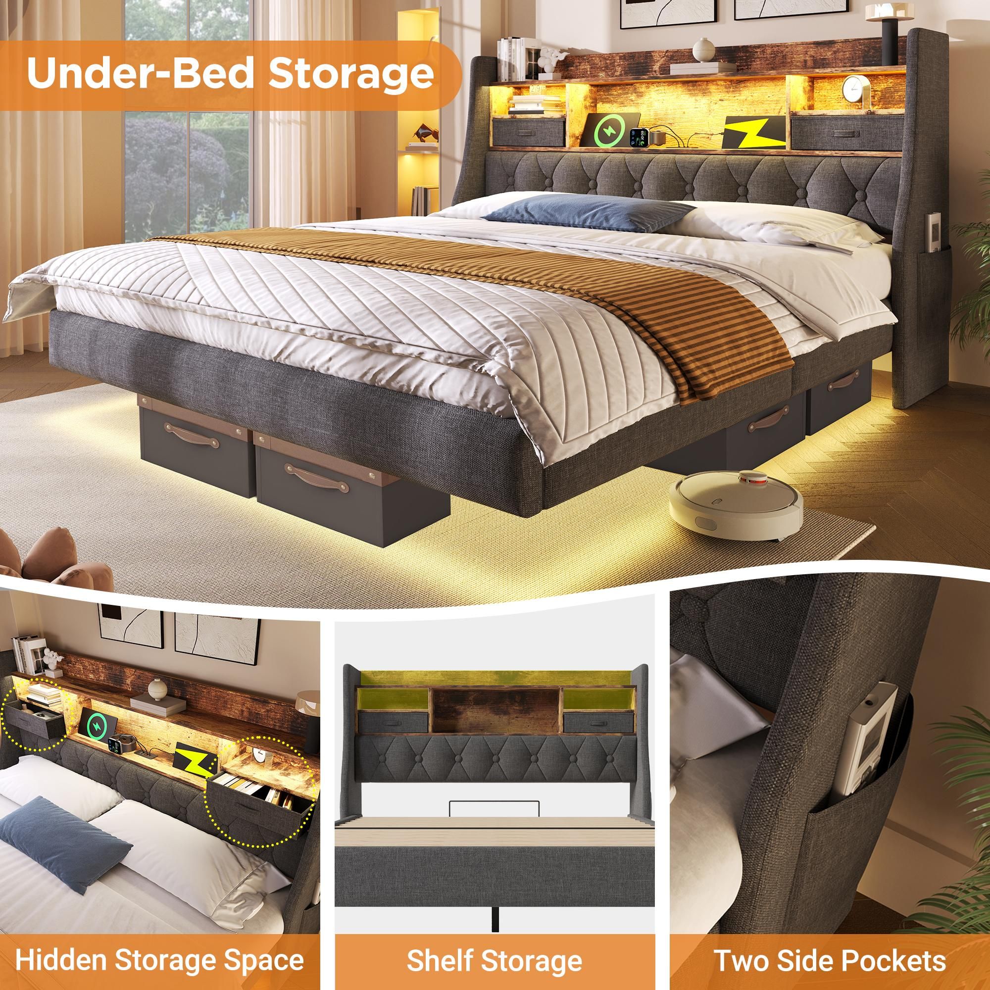 Flieks Polsterbett 140x200cm mit USb & Type-c, Doppelbett Jugendbett mit Led, Holzbett Stauraumbett mit Ablagen und Schubladen, Leinen, Grau