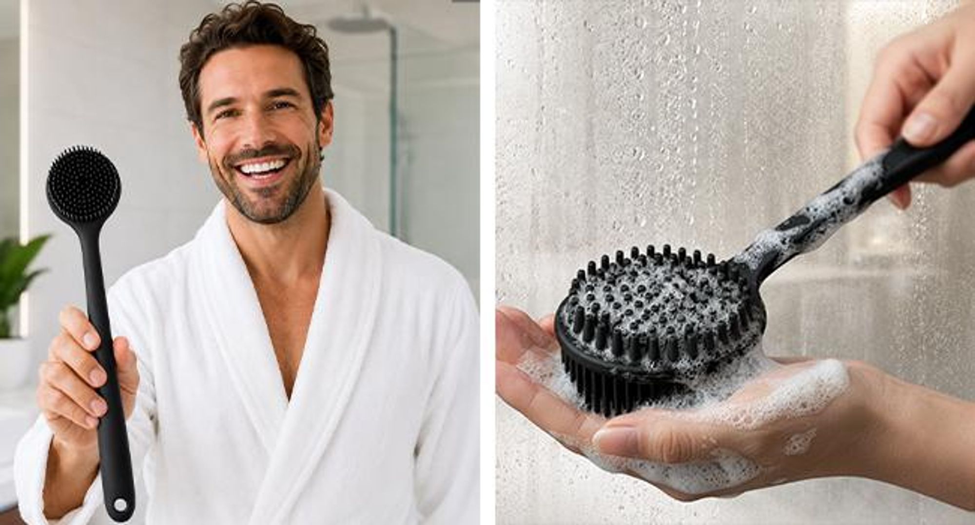 KRUMAD Silikon Rückenbürste Dusche, Körperbürste mit langem Griff 37,4 cm, Duschbürste doppelseitig, Weiches Silikon, Massage und Reinigung Bad