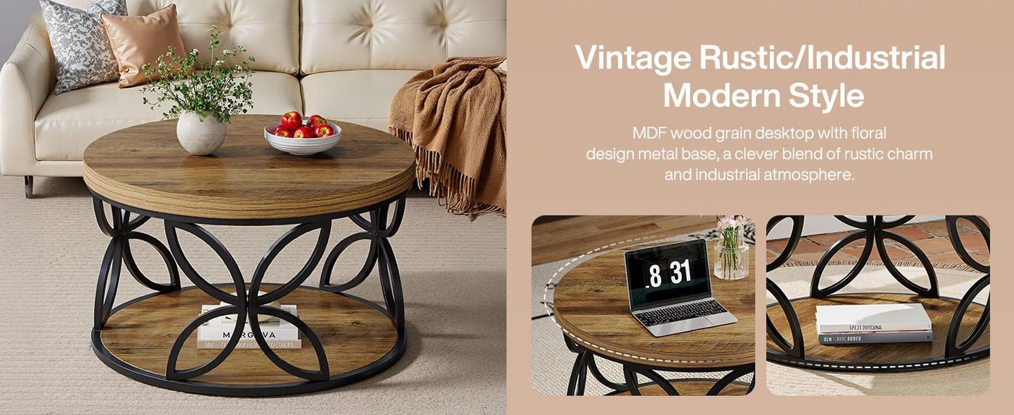 Tavolino da caffè rotondo Tribesigns, tavolino da caffè industriale a 2 piani con portaoggetti, tavolino da salotto in legno moderno da 80 cm Tavolino da divano per il soggiorno
