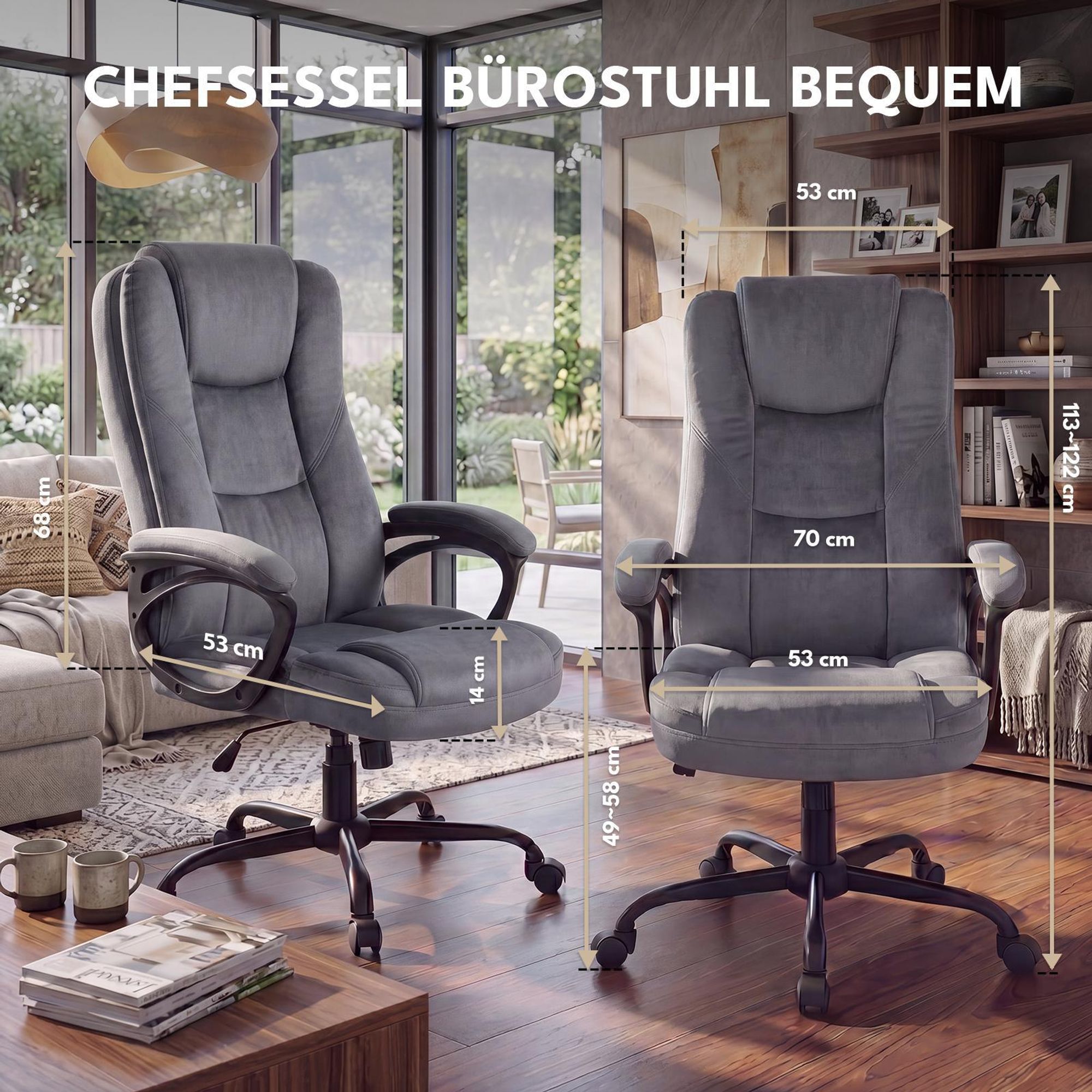 Grauer Velours-Chefsessel mit genauen Maßangaben für passgenaue Platzierung im Büro und Homeoffice