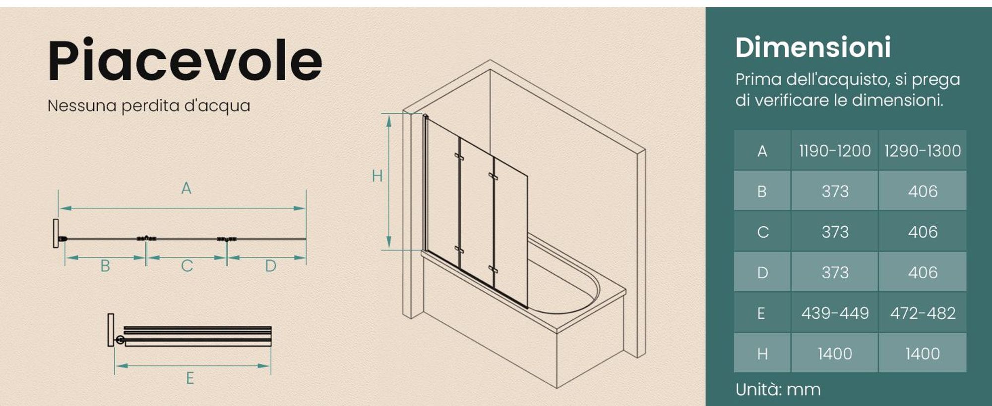 EMKE 120x140cm schermo doccia per vasca da bagno pieghevole in 3 parti con rivestimento NANO easy-clean schermo pieghevole in vetro di sicurezza da 6 mm