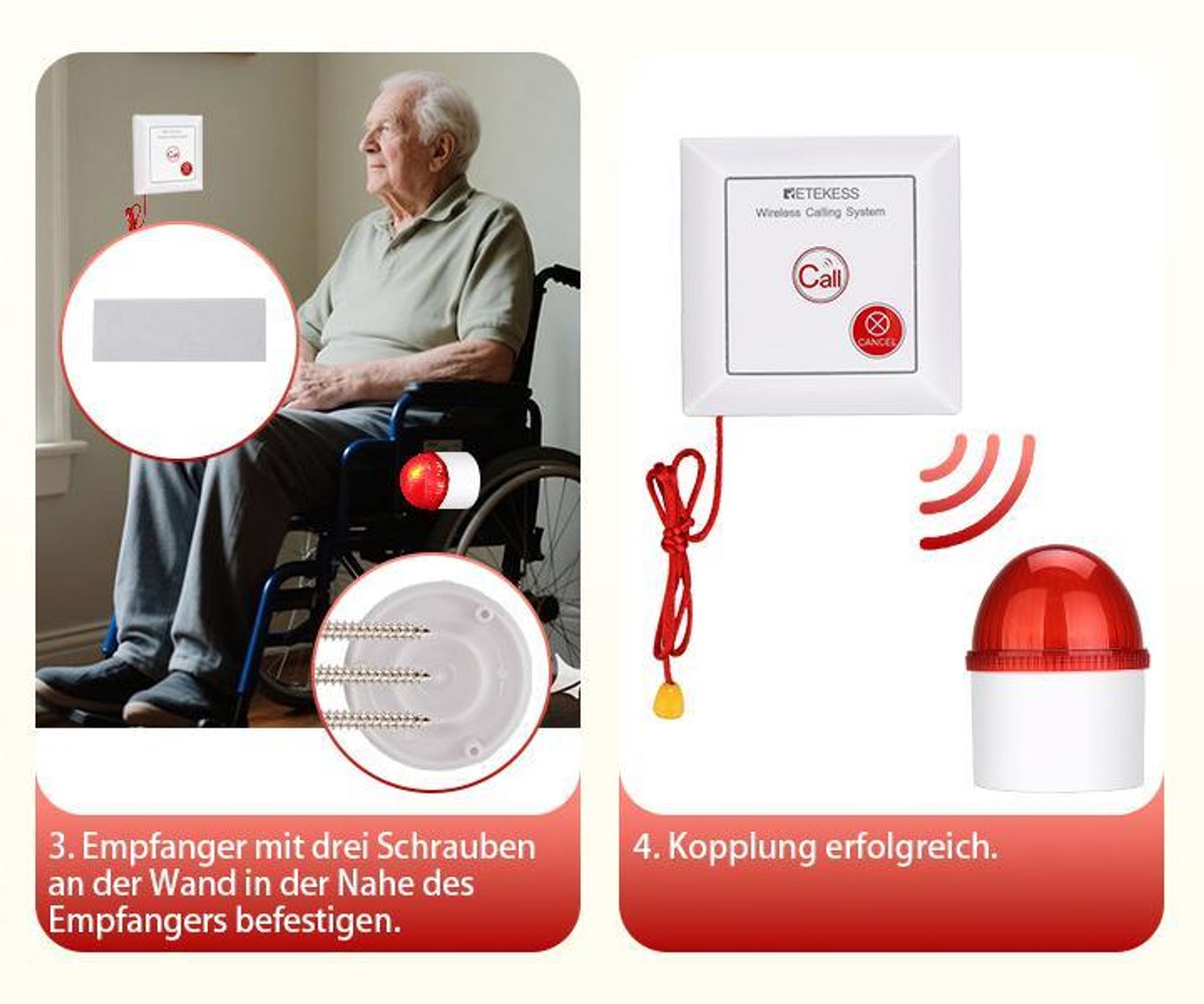 Retekess TH103 Alarmsystem Hausnotruf, Ton- und Lichtrufsystem, Wasserdichte IP54-Ruftaste mit SOS-Kabel, für ältere Menschen,Notrufknopf für Senioren