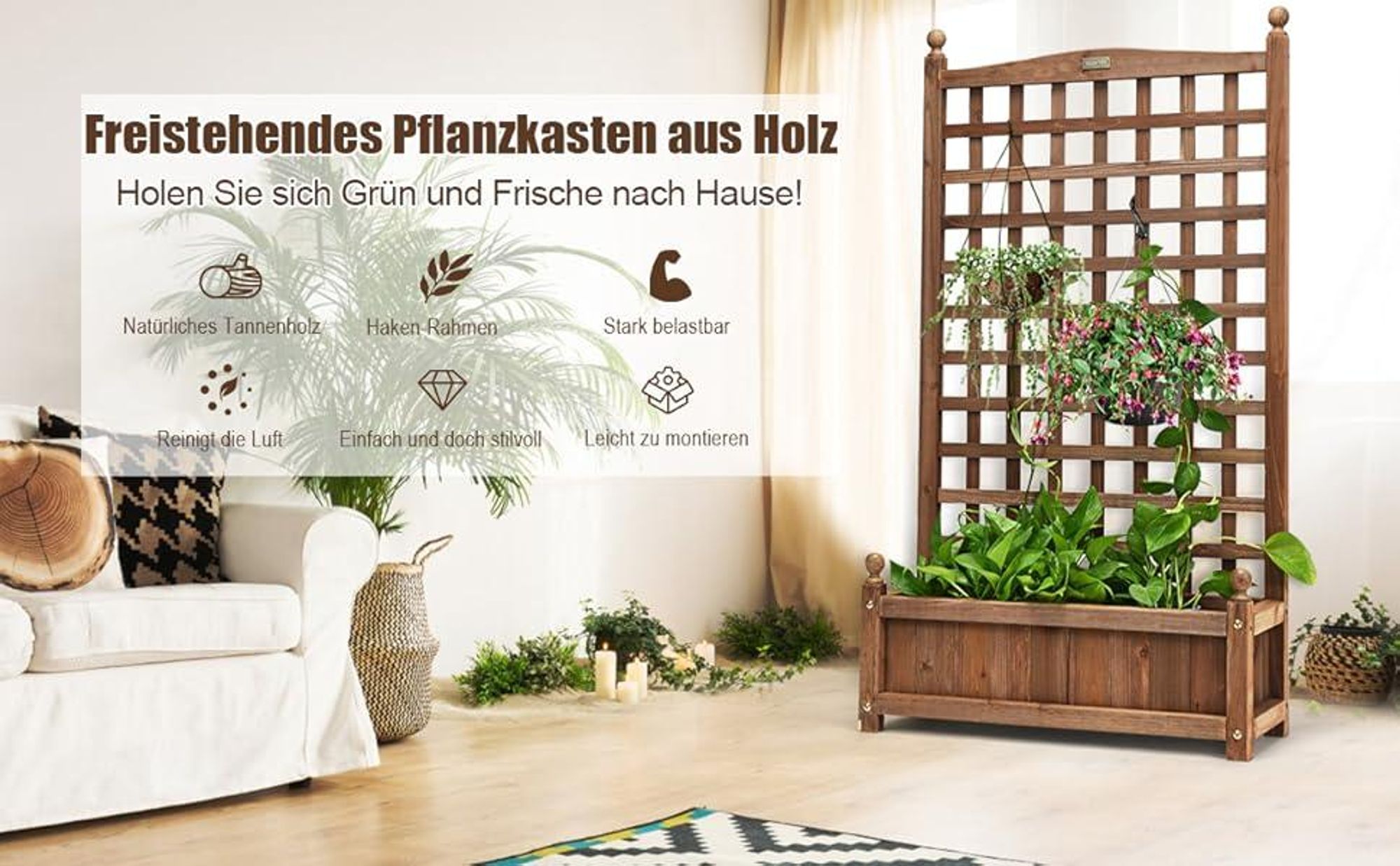 COSTWAY Blumenkasten mit Rankgitter, Pflanzkasten Holz, Hochbeet mit Spalier&Drainagelöchern, Gartenspalier Rankkasten für Garten 64,5x28x120 cm Braun