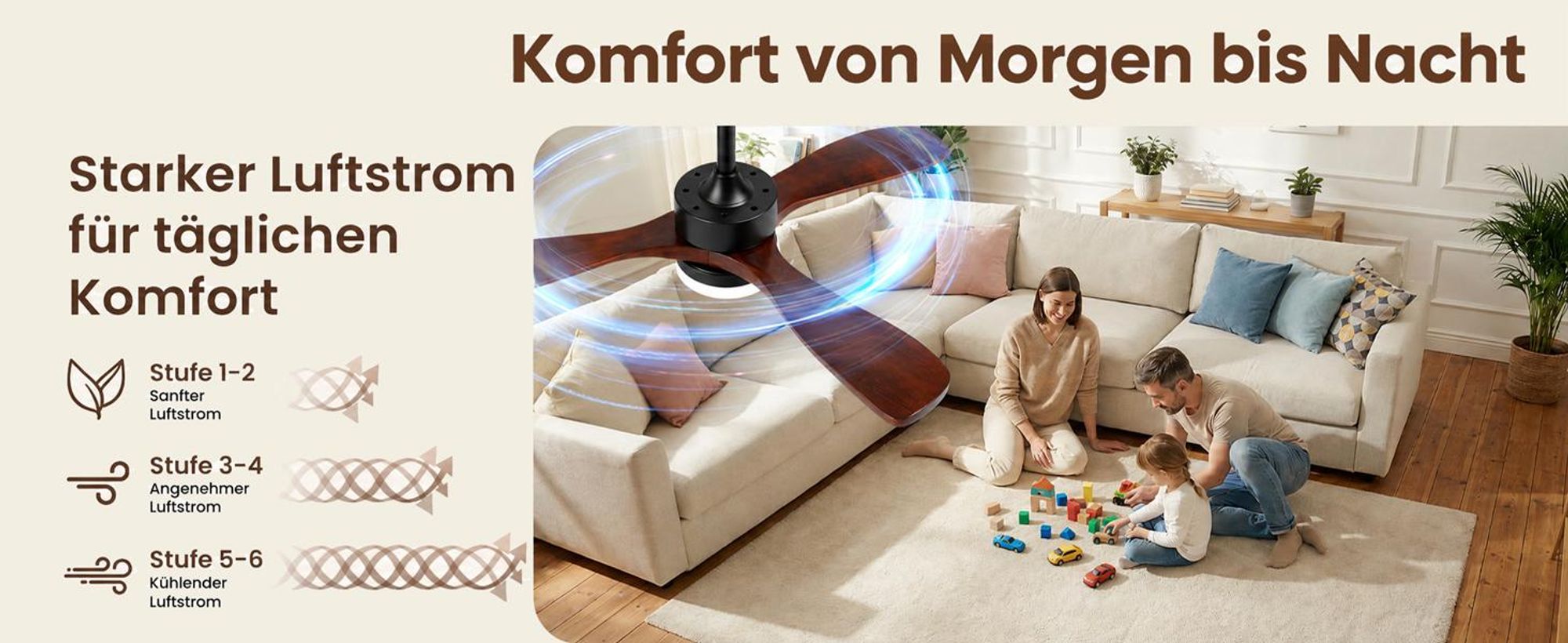 106cm Deckenventilator mit Beleuchtung, 3 Holz Flügeln, Reversible DC Motor, 3 Farbtemperatur Dimmbar, 6 Stufen, APP-Steuerung & Fernbedienung