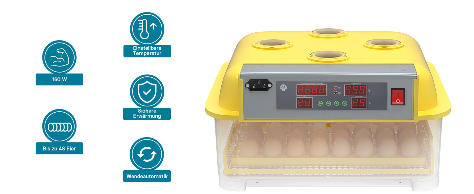 Wiltec Automatische Brutmaschine für 48 Eier, Inkubator mit vollautomatischem Wendesystem, Brutautomat mit Temperatursteuerung und Feuchtigskeitsregulierung, Brutkasten zum Eier ausbrüten