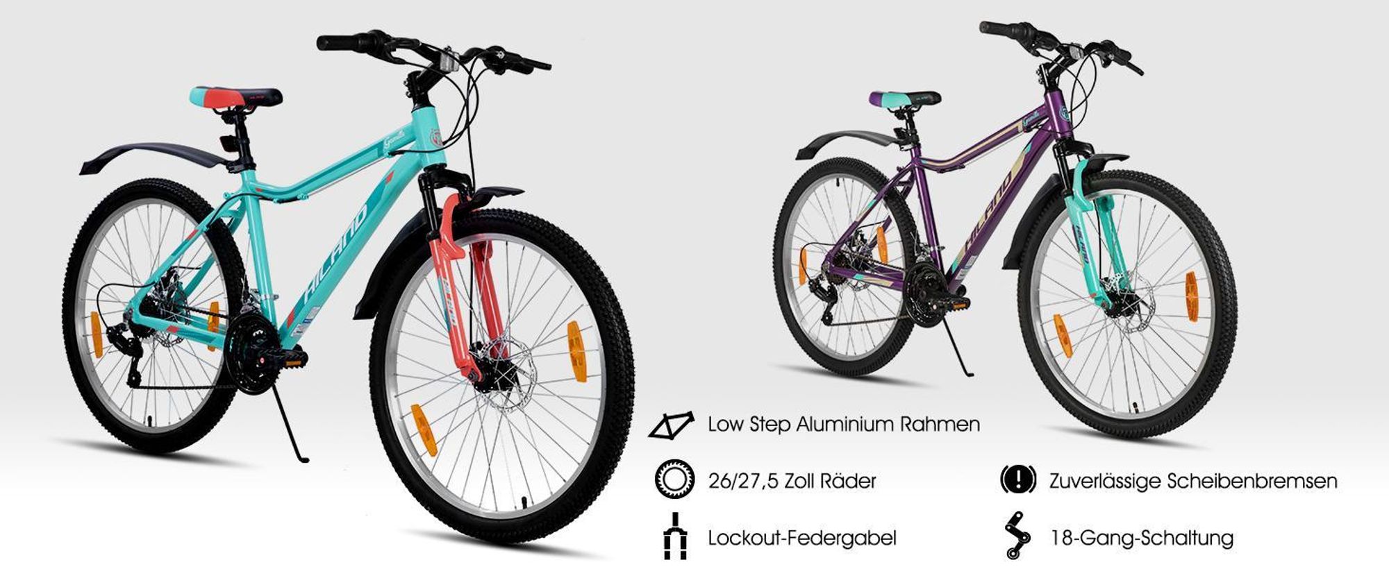 Hiland Damen Mountainbike 26 Zoll, Aluminium Rahmen 18 Gang MTB für Frauen, Damen und Mädchen Mountainbike mit Doppelscheibenbremse Federgabel