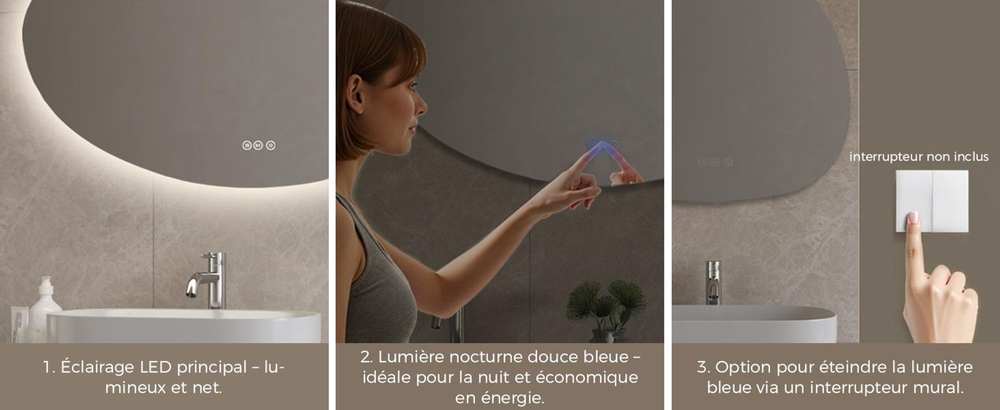 S'AFIELINA 85×50 cm Miroir asymétrique LED - miroir de salle de bain avec éclairage, variateur d'intensité, montage horizontal/vertical, antibuée,salle de bain & couloir