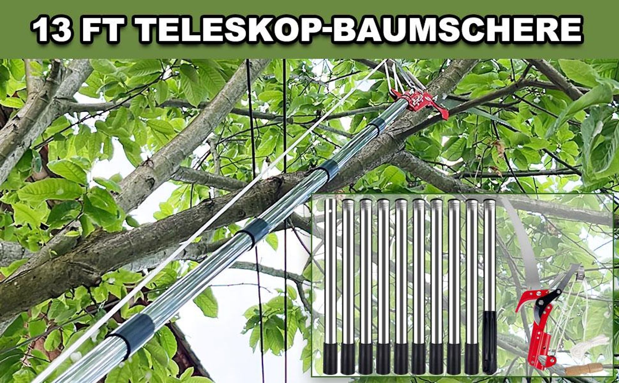 Astschere Teleskop mit Astsäge, Teleskop Baumschere, Teleskop Astsäge, Teleskopsäge, 82-402cm Höhenverstellbar, SK5 Kohlenstoffstahl