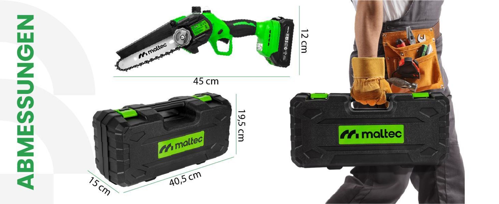Elektro Handkettensäge mit 2 Akku und Führungen 6+8“