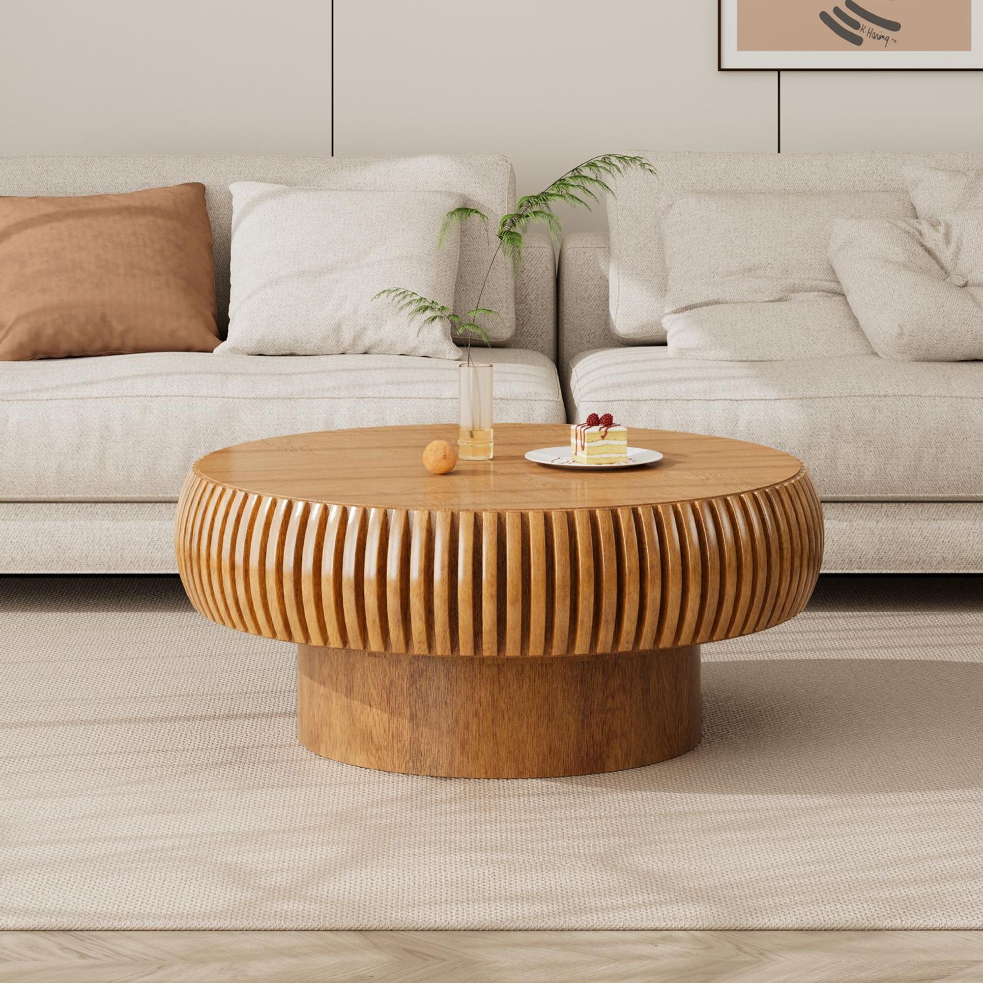 Couchtisch rund 70 cm modern, Wohnzimmertisch Holzoptik Rillenstruktur braun, 70×35 cm