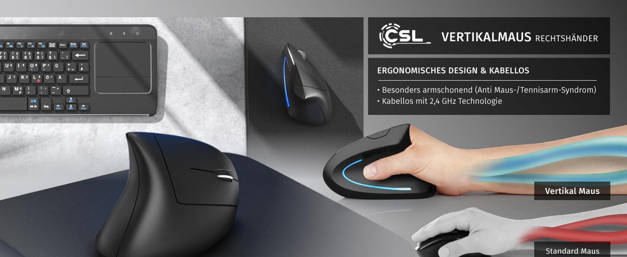 CSL ergonomische Maus Funk kabellos, vertikal, optisch, 2,4 GHz, Rechtshänder, 6 Tasten, 800–6400 DPI, USB-Nano-Empfänger, Plug-and-Play