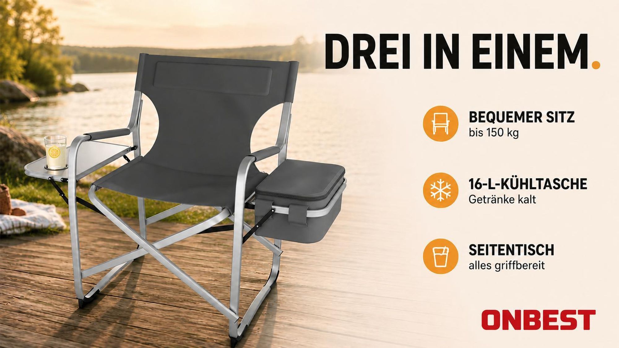 ONBEST Campingstuhl | mit 16L Kühltasche | Seitentisch | 150 kg | Getränkehalter | Oxford 600D*300D Gewebe